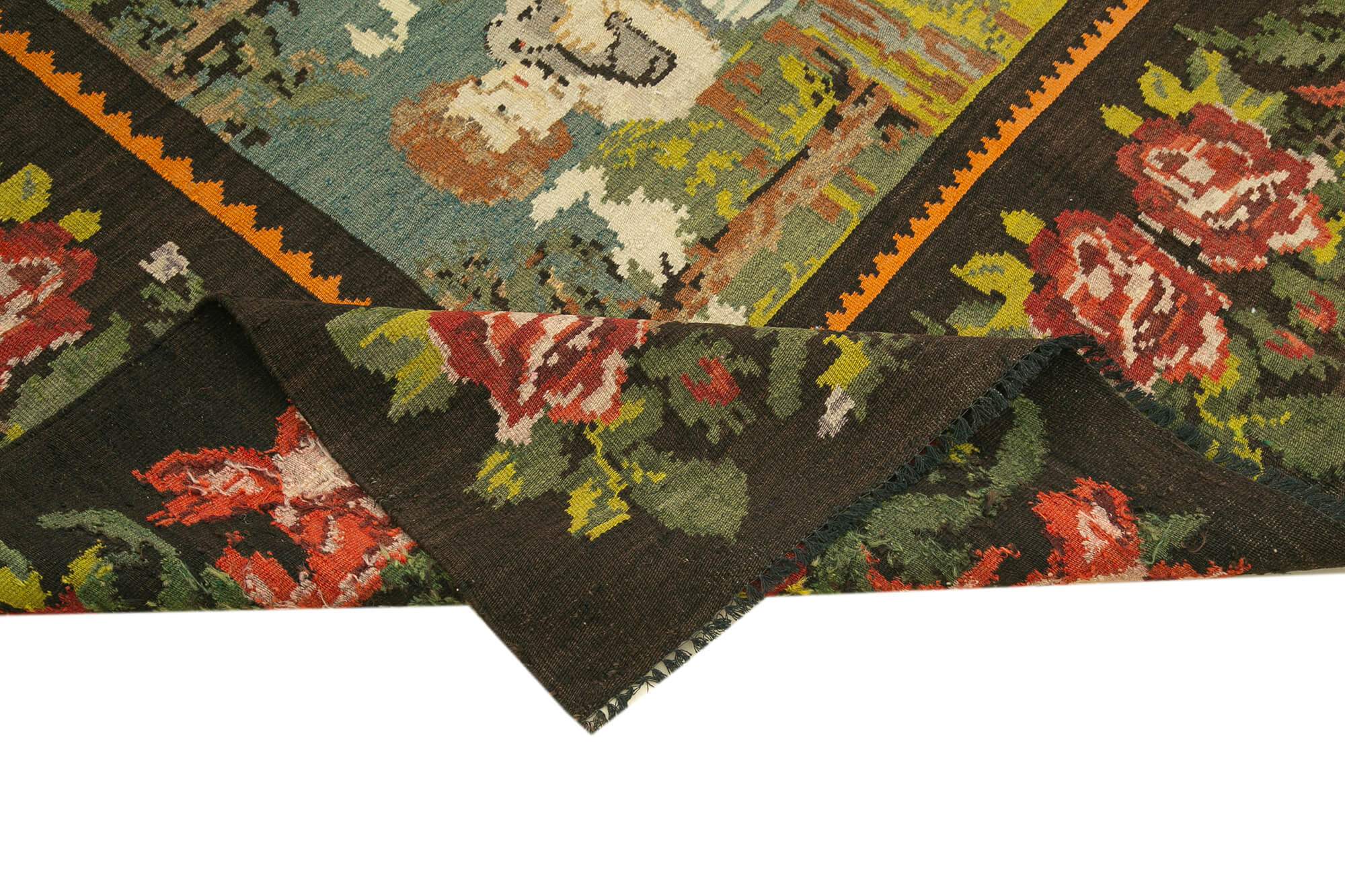 Handmade Wool Rug - Vintage Area Rug Black Floral Pattern Carpet 6'4'' x 7'10''