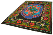 Handmade Wool Rug - Vintage Area Rug 6x9 Feet With Black Floral Pattern