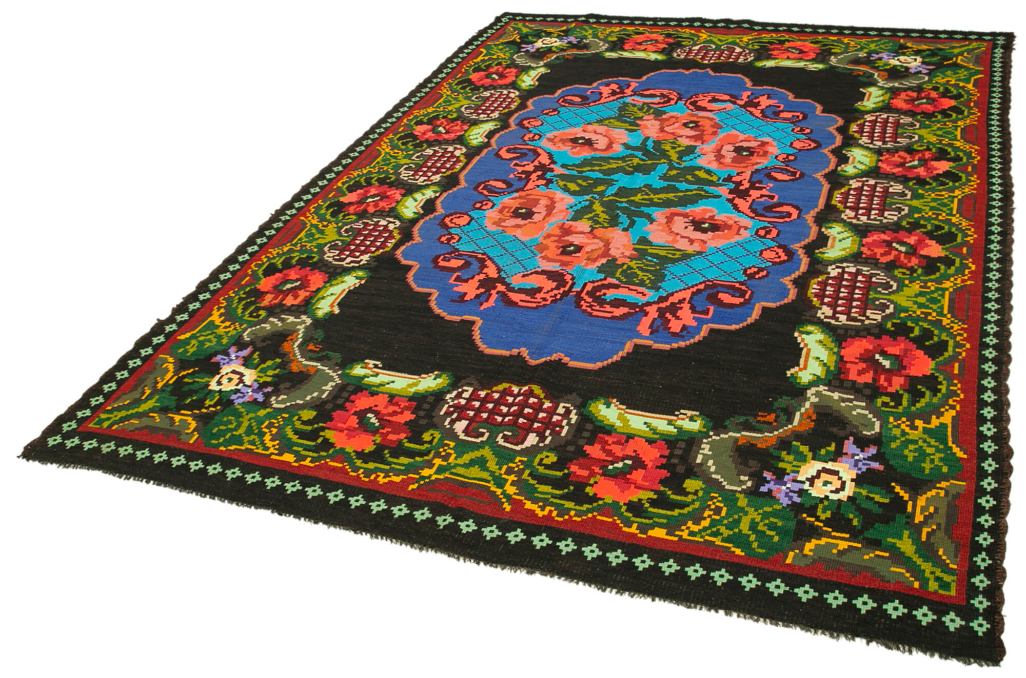 Handmade Wool Rug - Vintage Area Rug 6x9 Feet With Black Floral Pattern