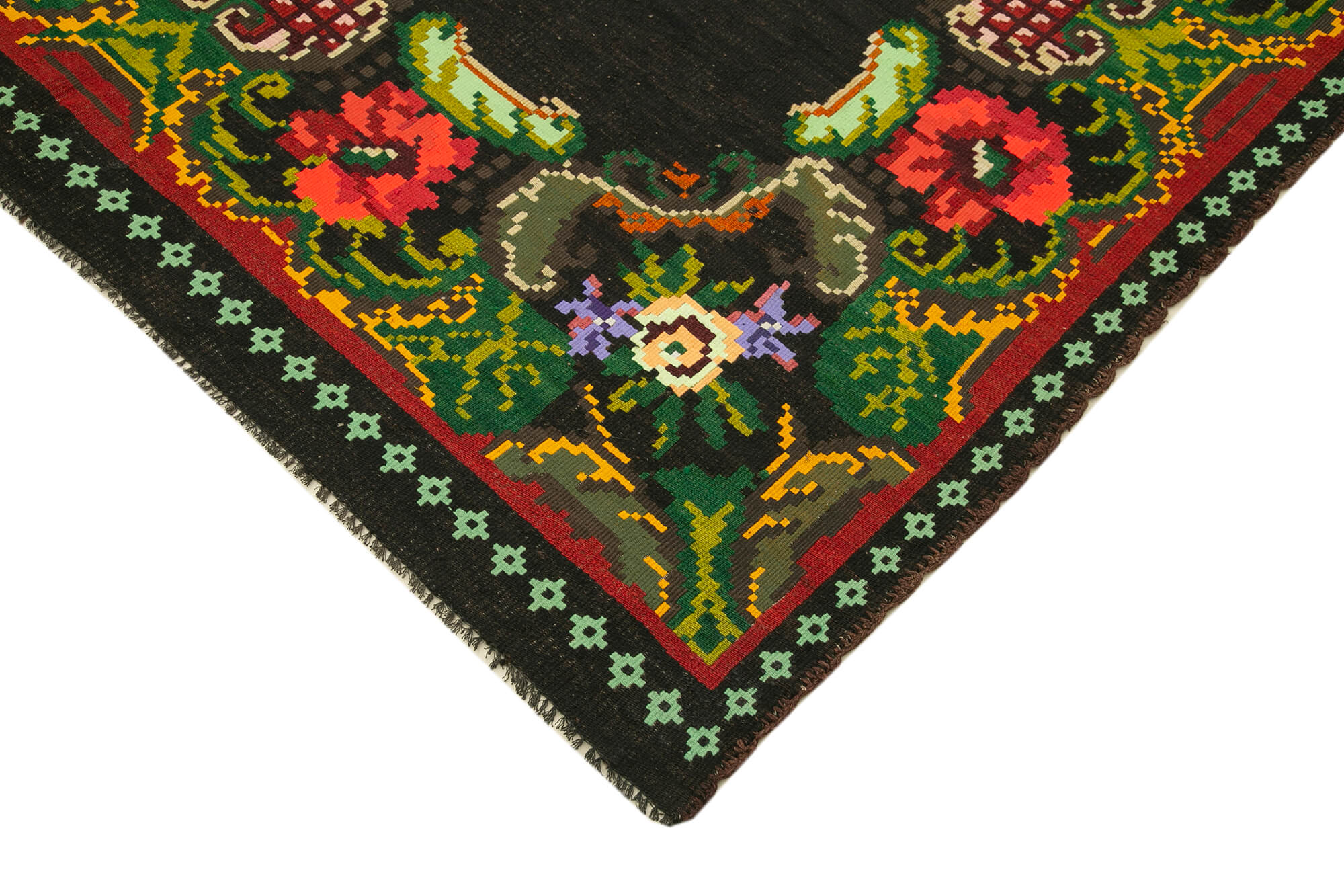 Handmade Wool Rug - Vintage Area Rug 6x9 Feet With Black Floral Pattern
