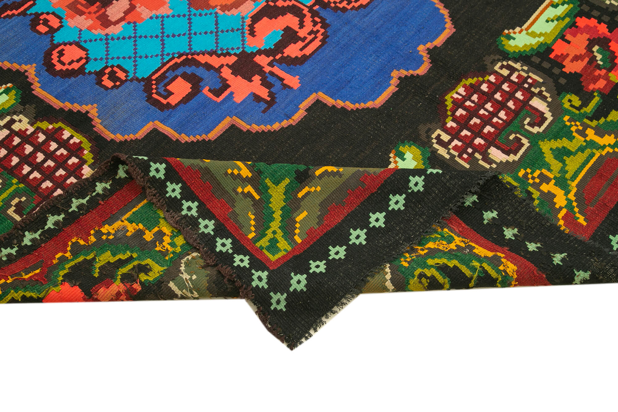 Handmade Wool Rug - Vintage Area Rug 6x9 Feet With Black Floral Pattern