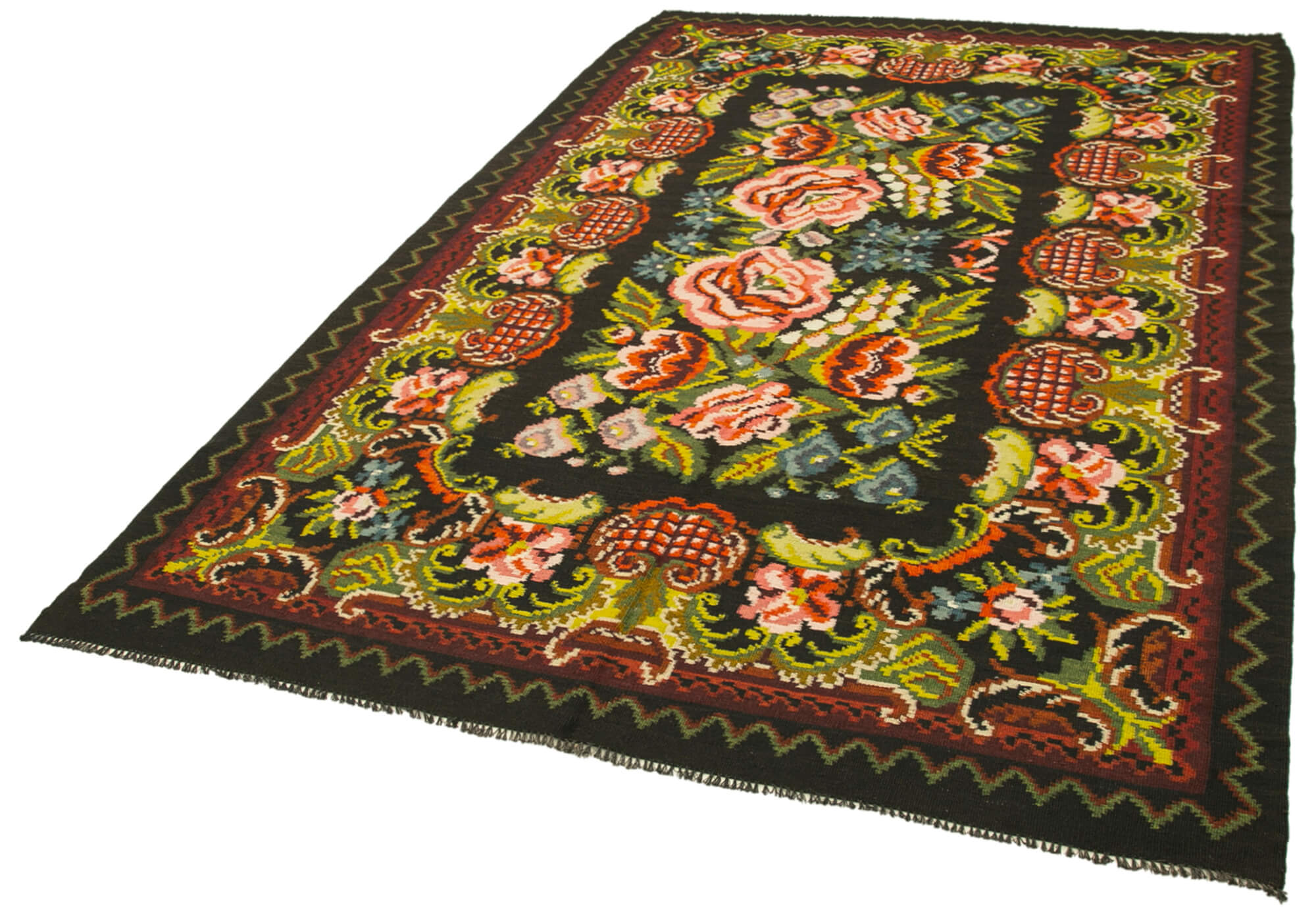 Handmade Wool Rug – Black Floral Area Rug 6'2'' x 9'11'' | Vintage Hand Knotted Carpet