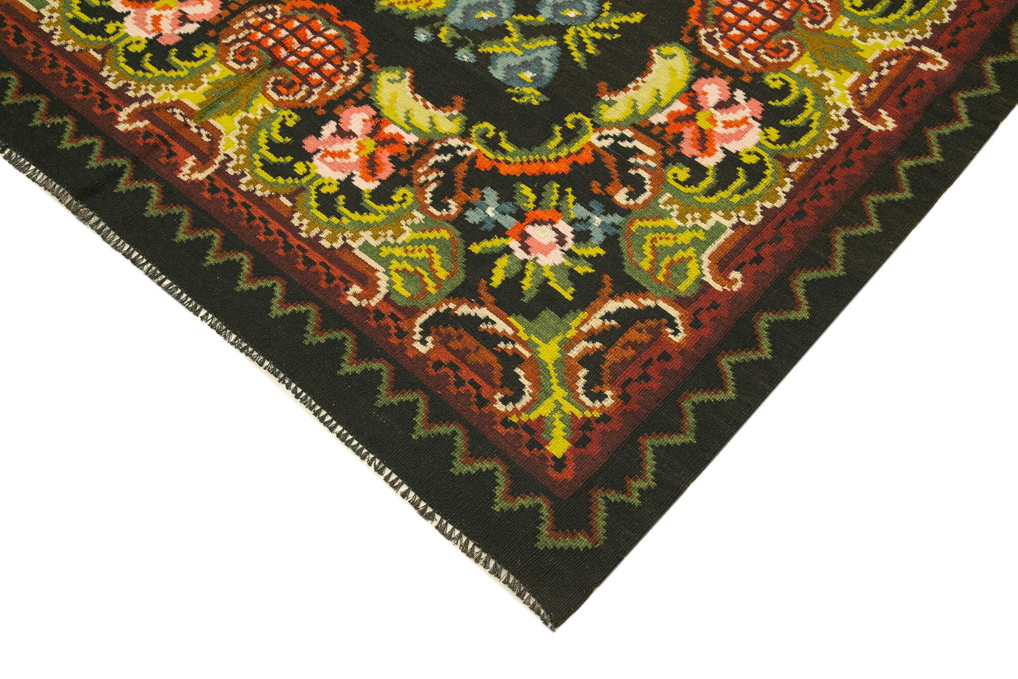 Handmade Wool Rug – Black Floral Area Rug 6'2'' x 9'11'' | Vintage Hand Knotted Carpet