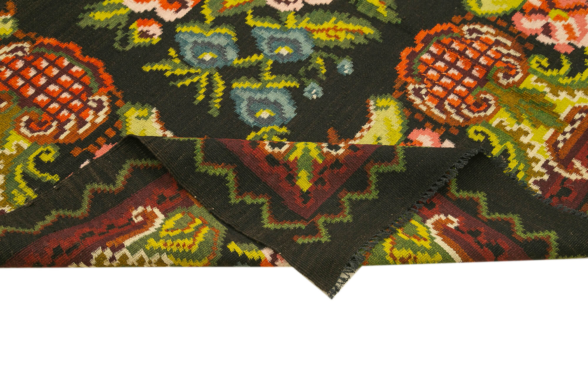 Handmade Wool Rug – Black Floral Area Rug 6'2'' x 9'11'' | Vintage Hand Knotted Carpet