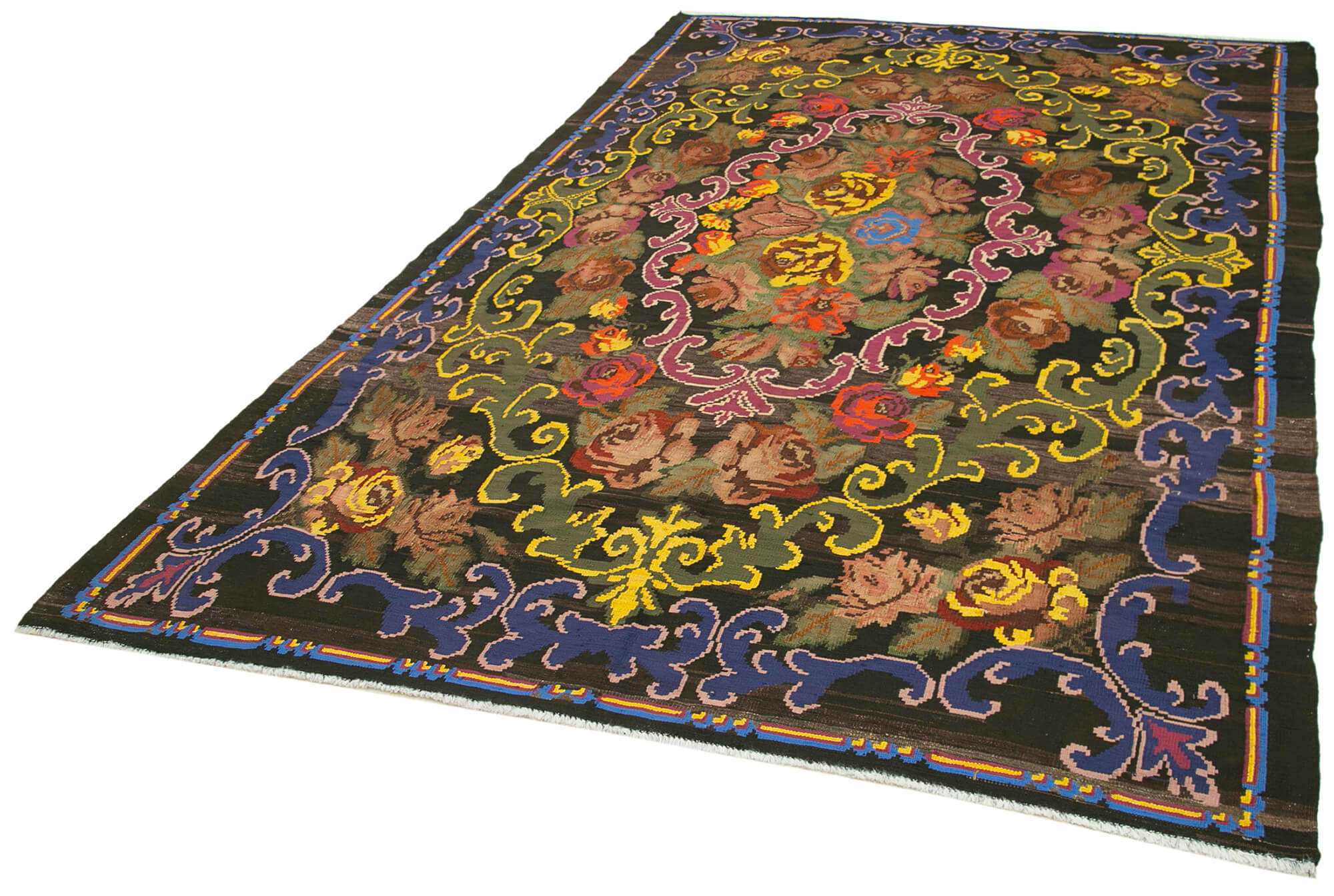 Handmade Wool Rug – Vintage Area Rug with Brown Floral Design, Soft Wool Texture