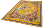 Handmade Wool Rug - Vintage Yellow Floral Area Rug | Cotton Wool & Goat Hair Carpet