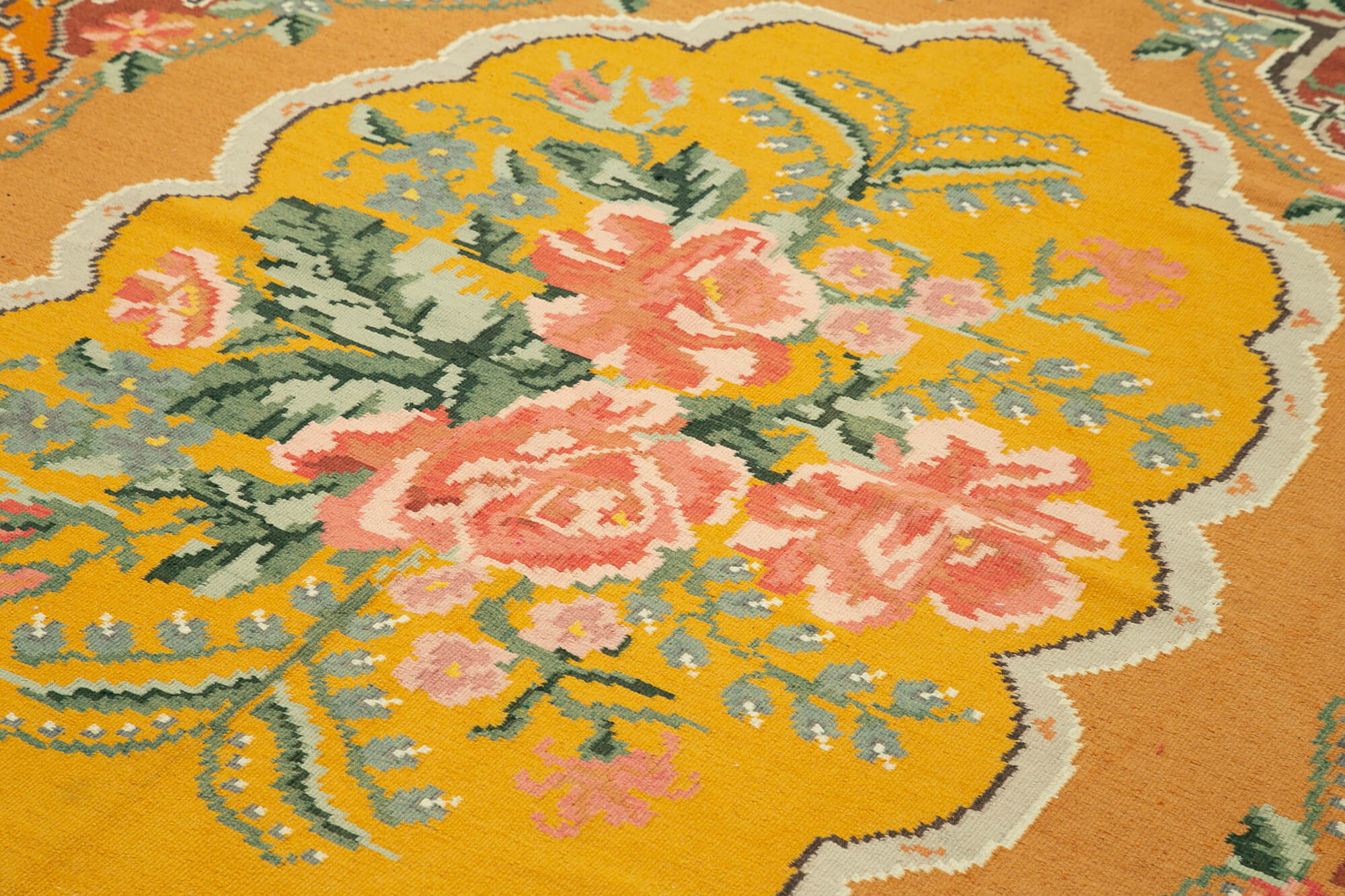 Handmade Wool Rug - Vintage Yellow Floral Area Rug | Cotton Wool & Goat Hair Carpet
