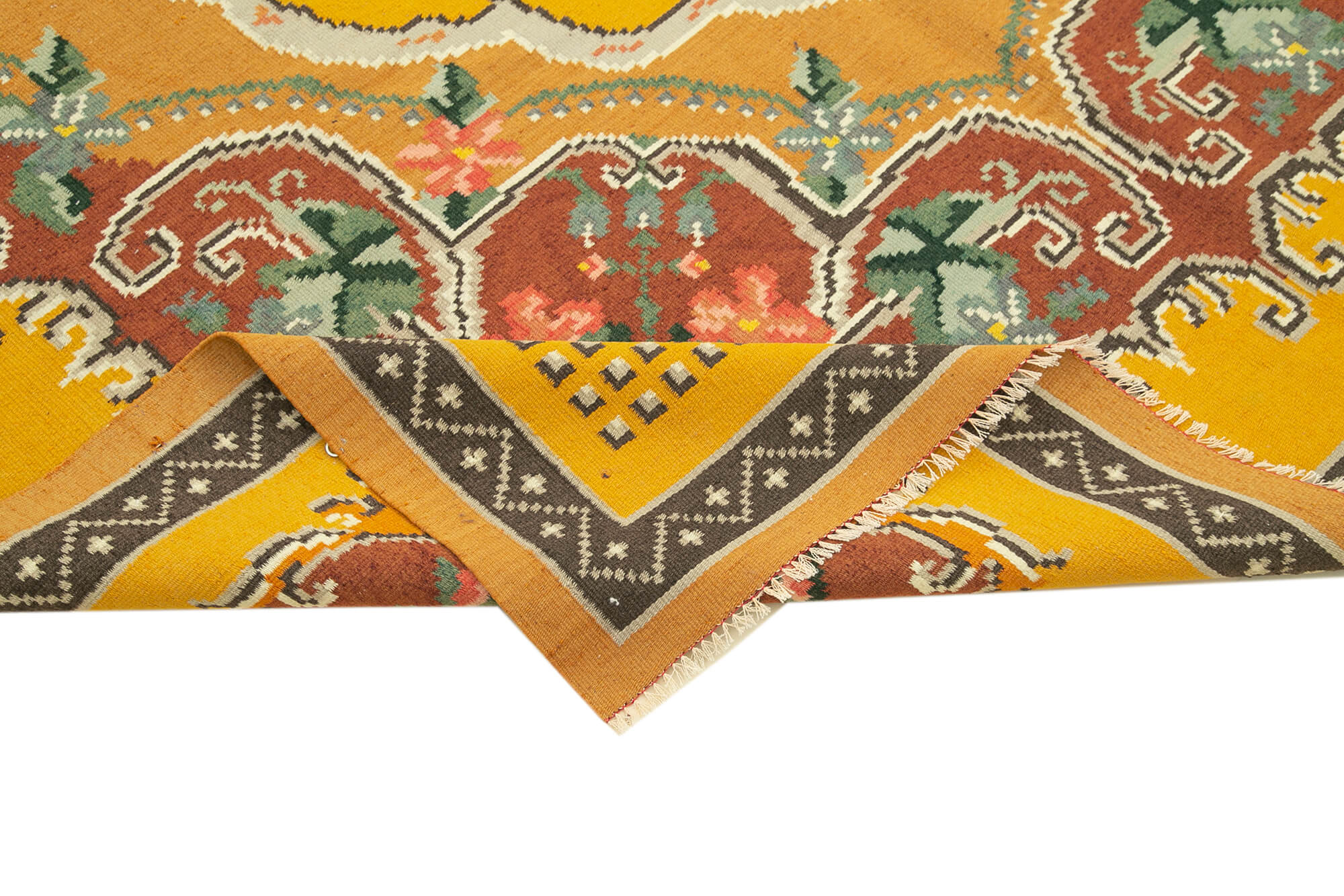 Handmade Wool Rug - Vintage Yellow Floral Area Rug | Cotton Wool & Goat Hair Carpet
