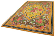 Handmade Wool Floral Rug – Vintage Area Rug With Yellow Floral Design, 6'3'' x 10'4''