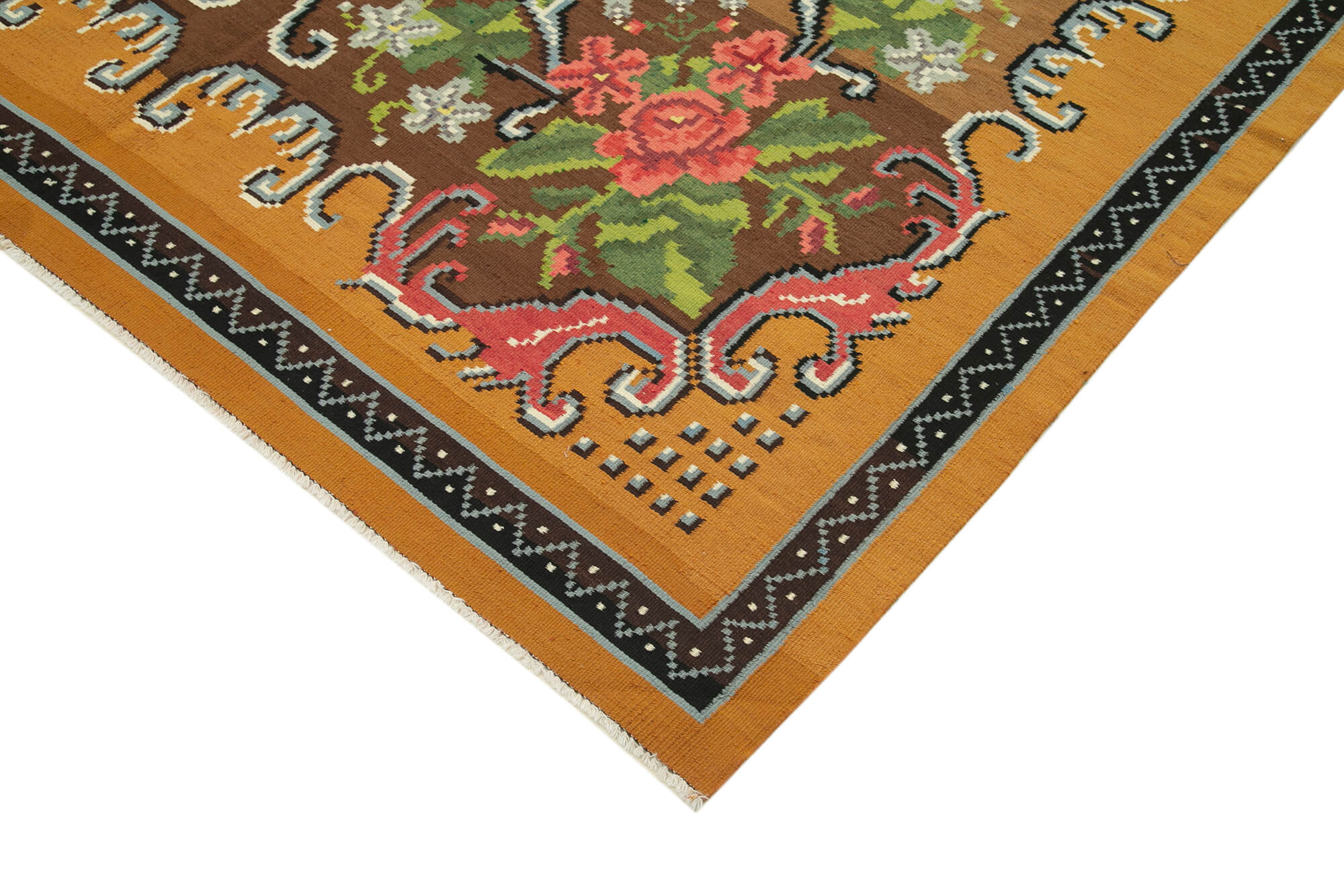 Handmade Wool Floral Rug – Vintage Area Rug With Yellow Floral Design, 6'3'' x 10'4''