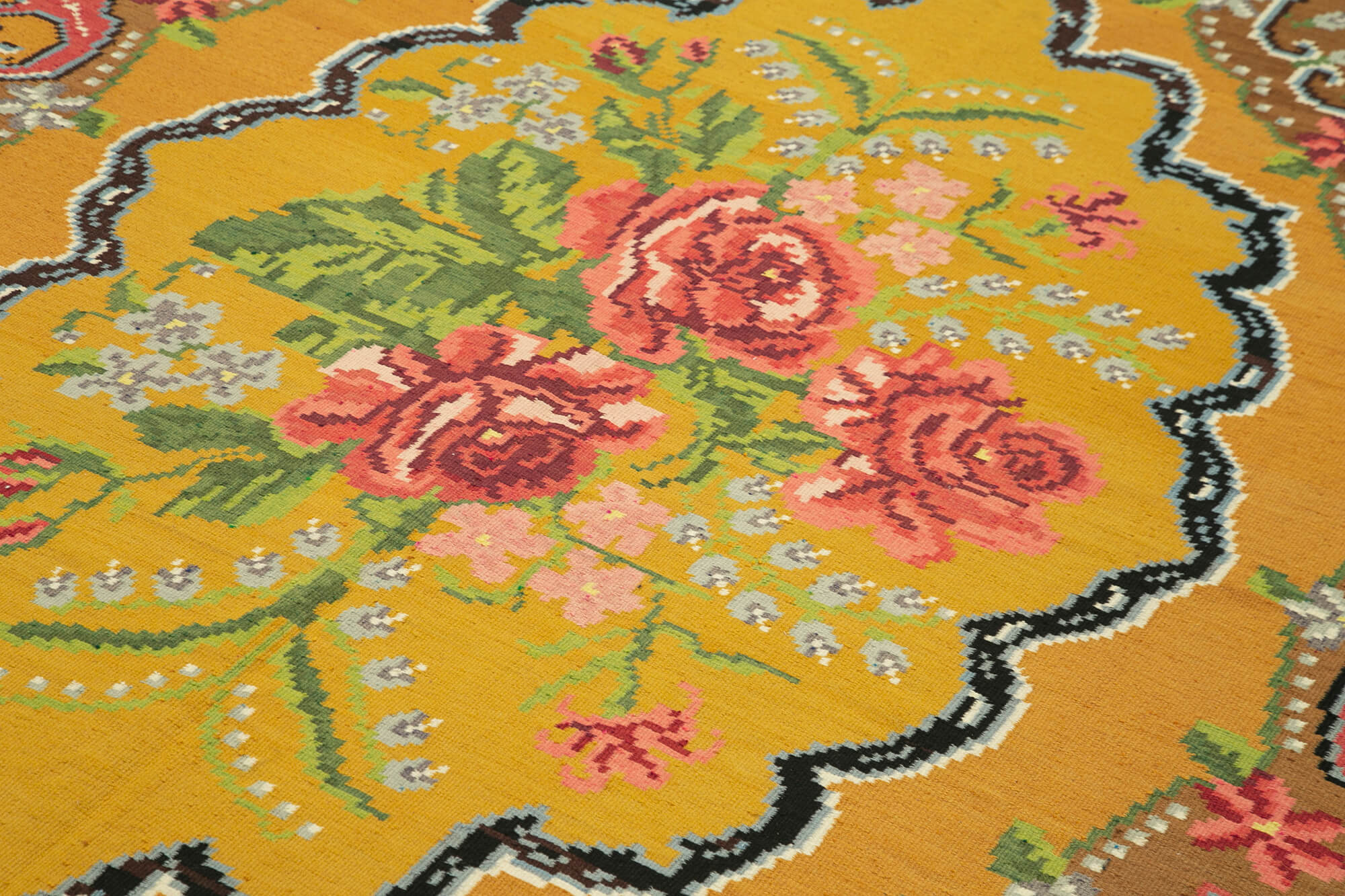 Handmade Wool Floral Rug – Vintage Area Rug With Yellow Floral Design, 6'3'' x 10'4''