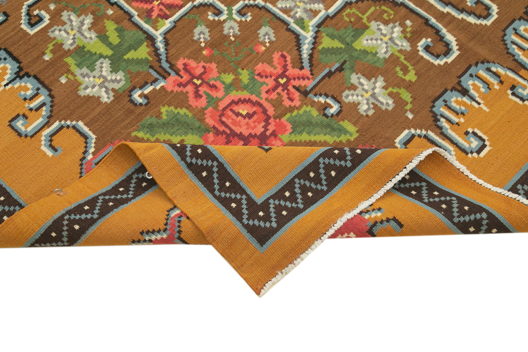 Handmade Wool Floral Rug – Vintage Area Rug With Yellow Floral Design, 6'3'' x 10'4''