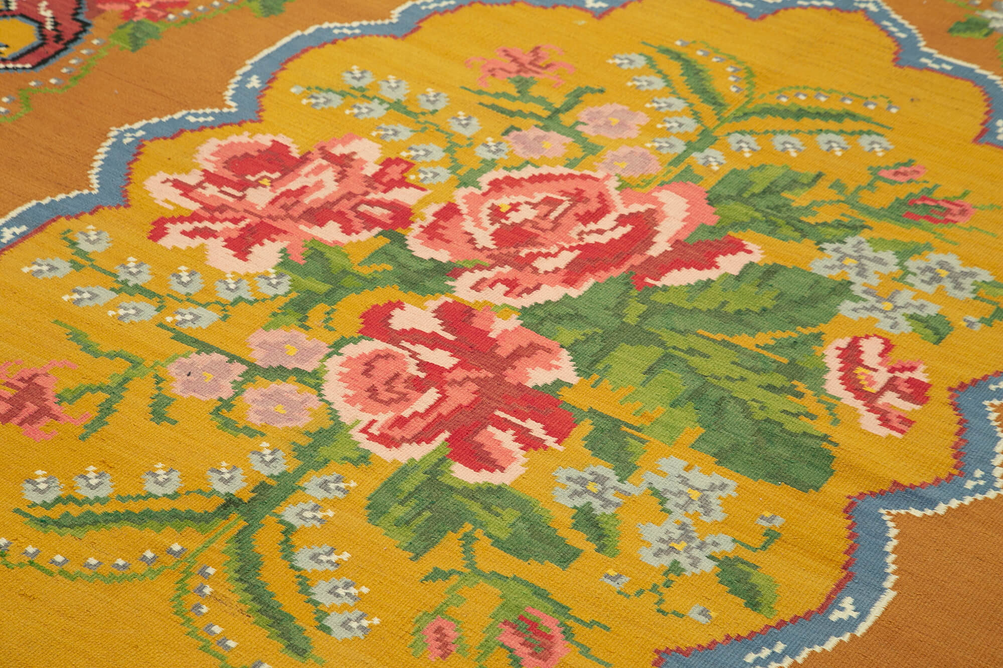 Handmade Wool Rug | Vintage Handwoven Carpet, Yellow Floral Rug, Soft Wool Carpet