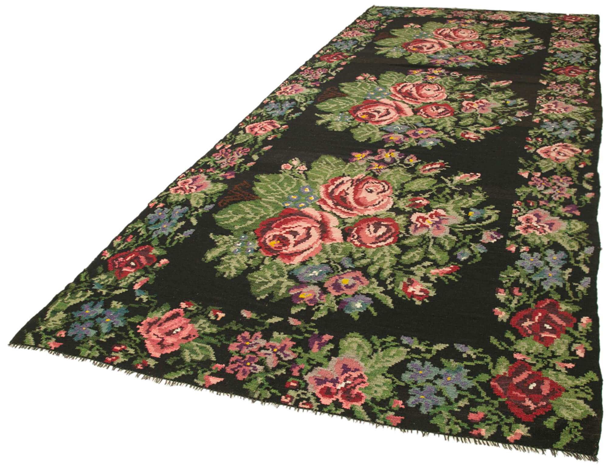 Handmade Wool Area Rug – Vintage Black Floral Rug 6'5'' x 15'5'' Cotton Goat Hair