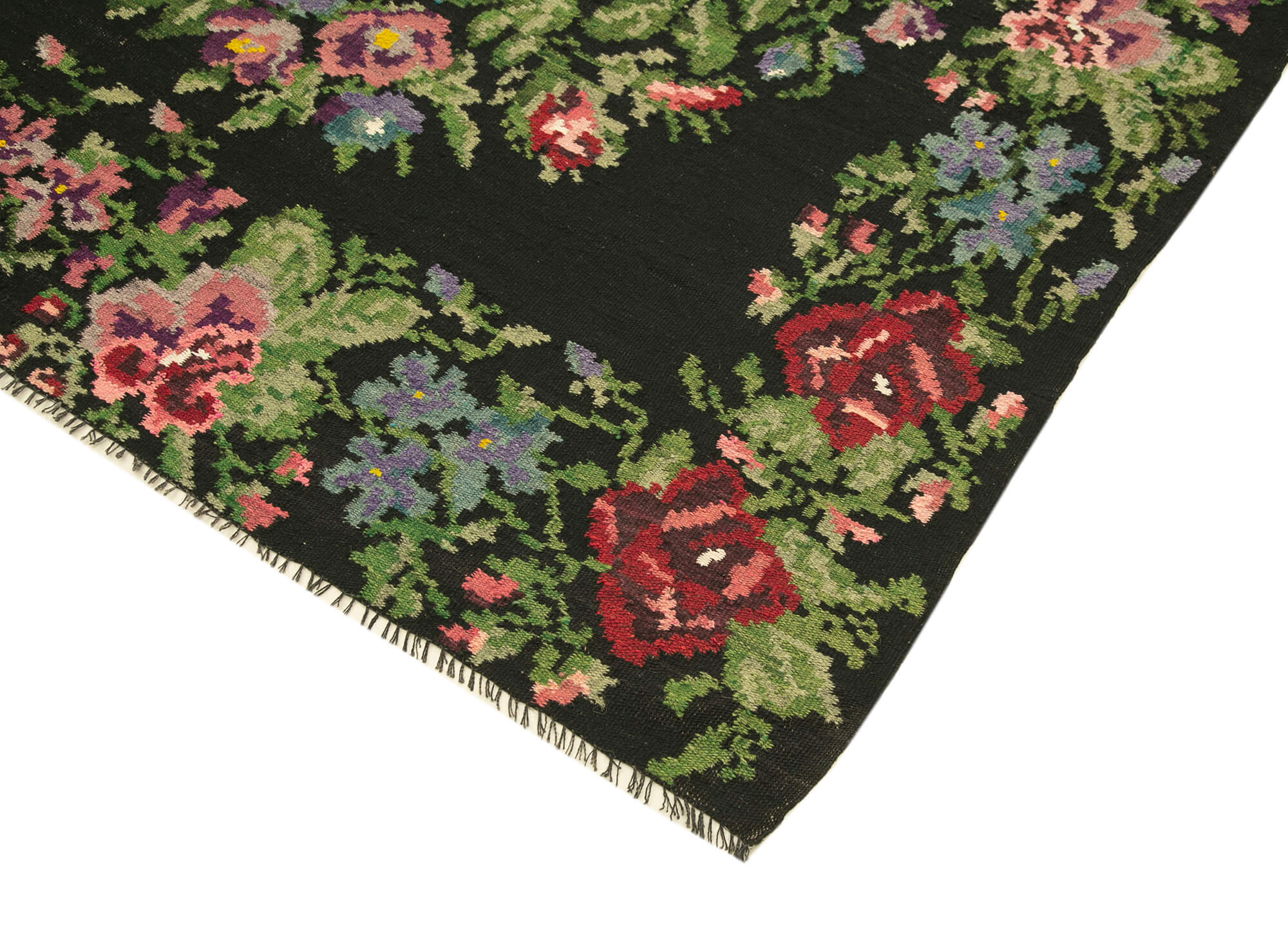 Handmade Wool Area Rug – Vintage Black Floral Rug 6'5'' x 15'5'' Cotton Goat Hair