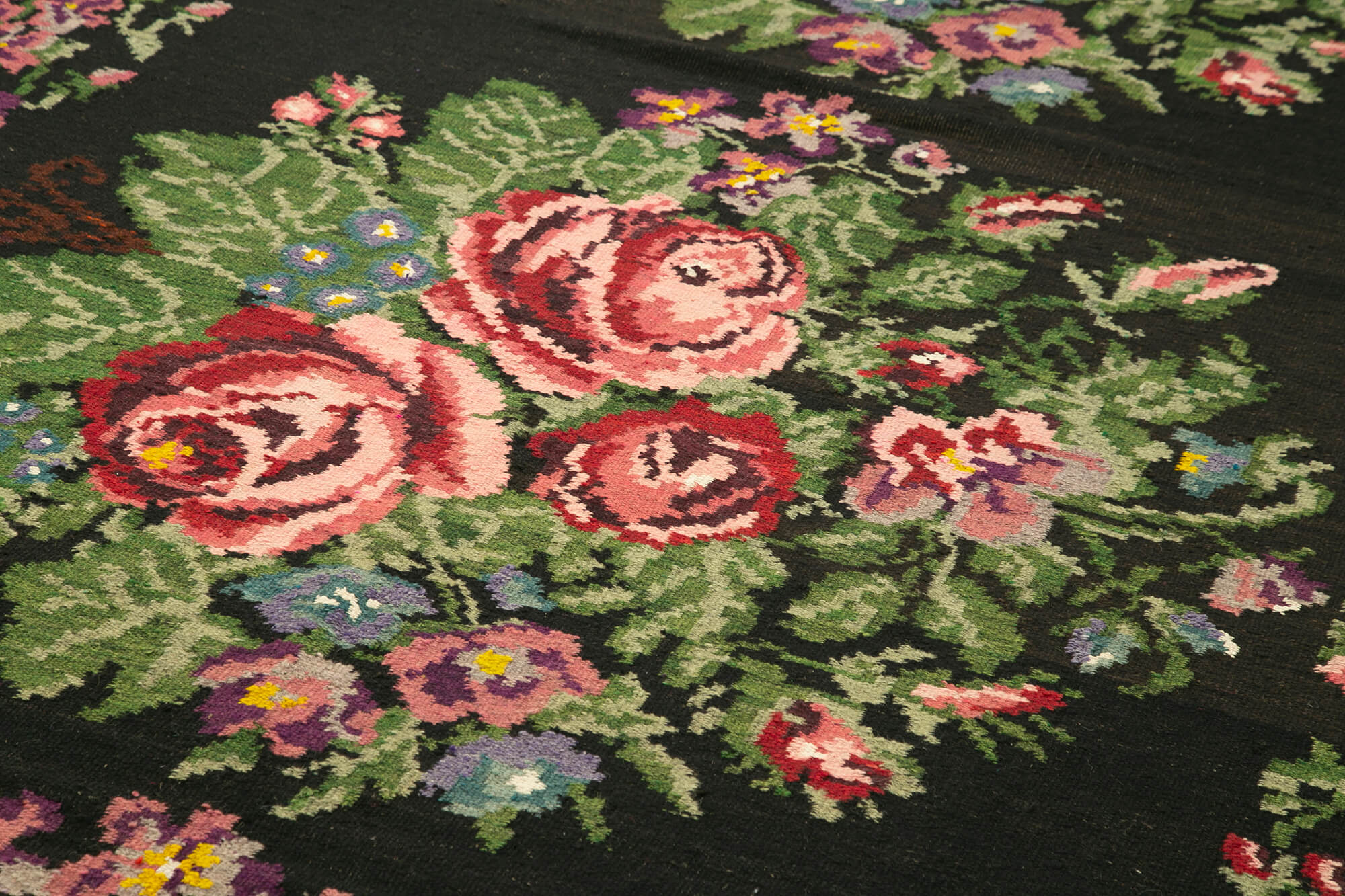 Handmade Wool Area Rug – Vintage Black Floral Rug 6'5'' x 15'5'' Cotton Goat Hair