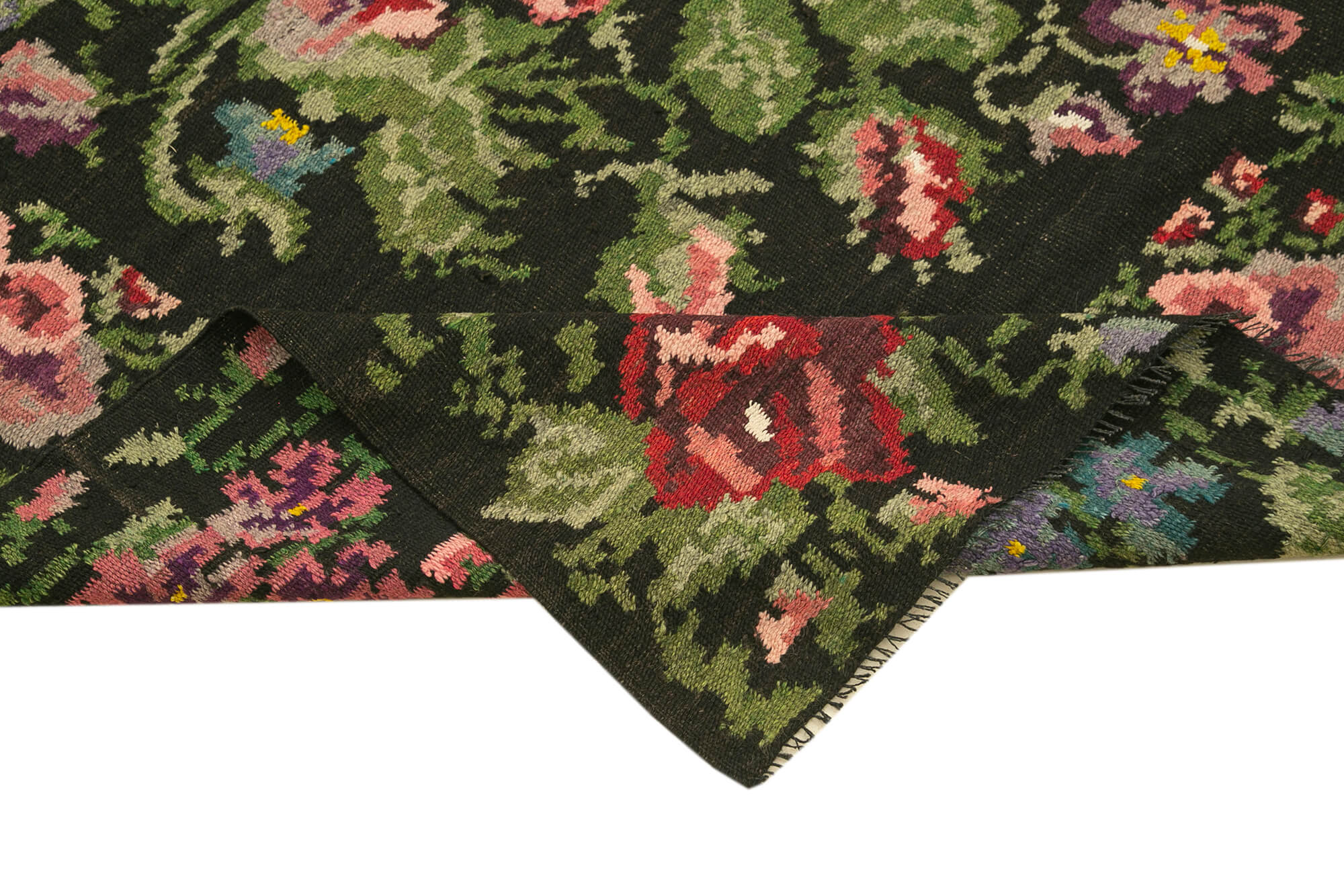 Handmade Wool Area Rug – Vintage Black Floral Rug 6'5'' x 15'5'' Cotton Goat Hair