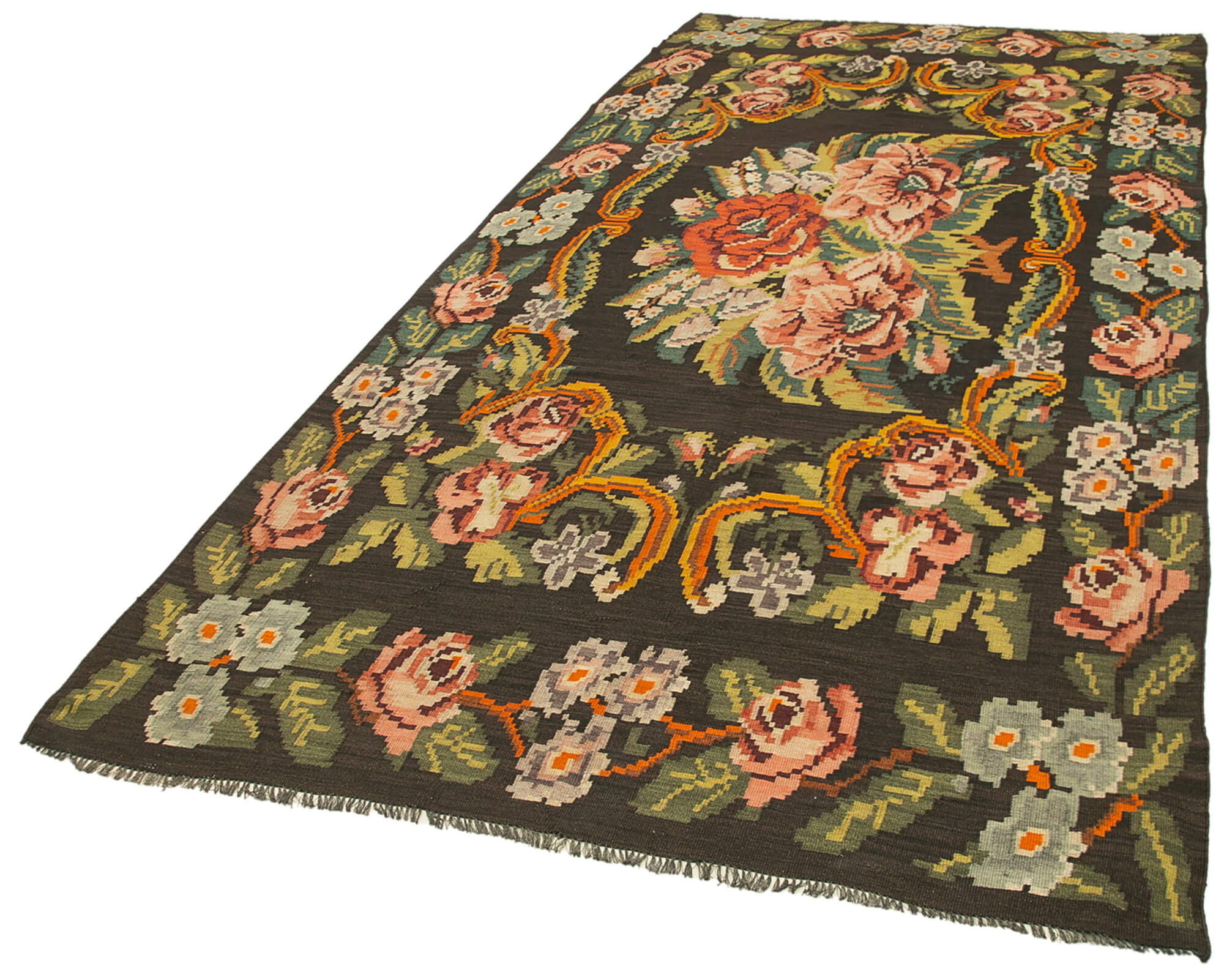 Handmade Wool Rug – Black Floral Carpet | Cotton Wool Carpet, Artisan Crafted