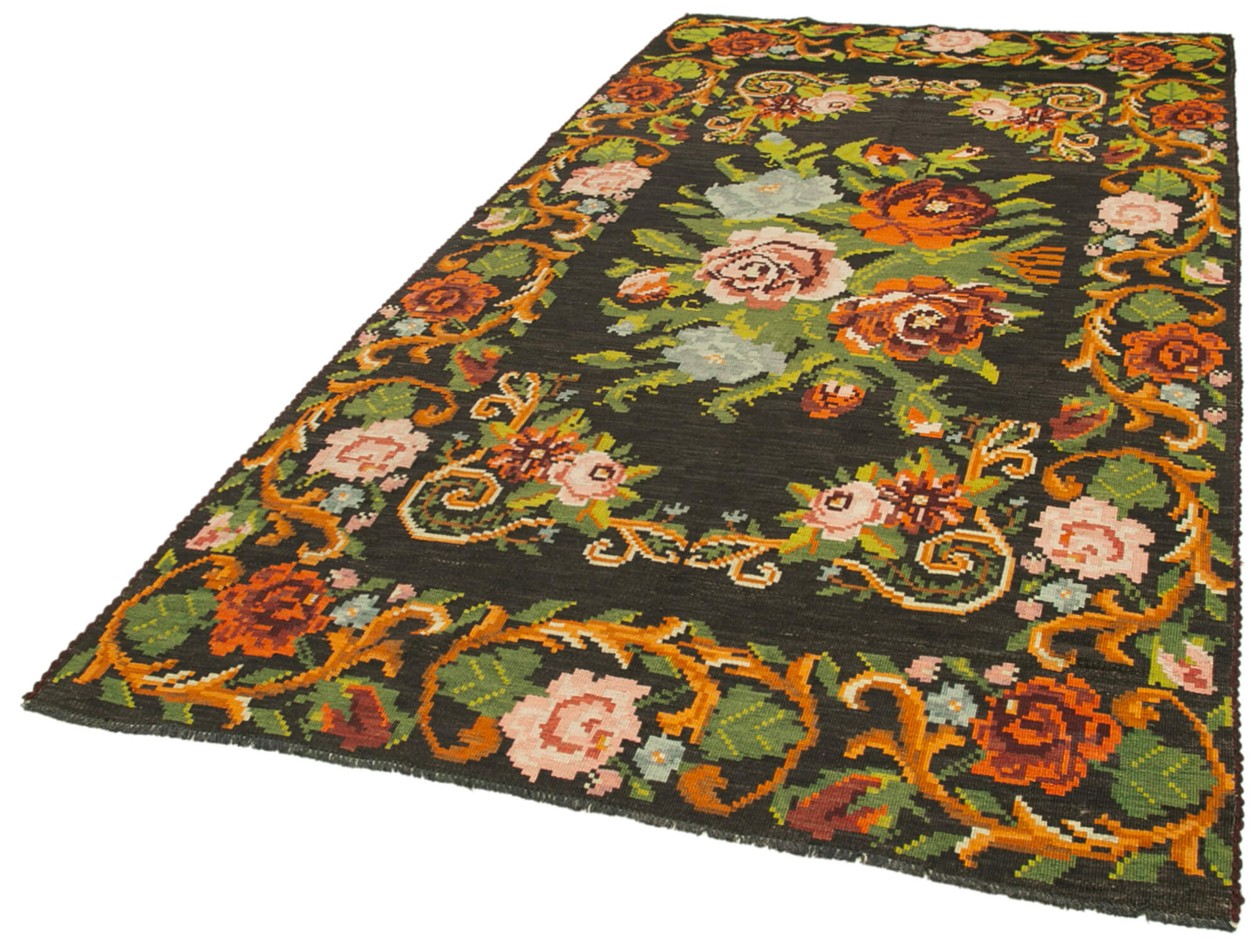 Handmade Wool Rug – Vintage Hand Knotted Black Floral Carpet 5'5''x10'7''