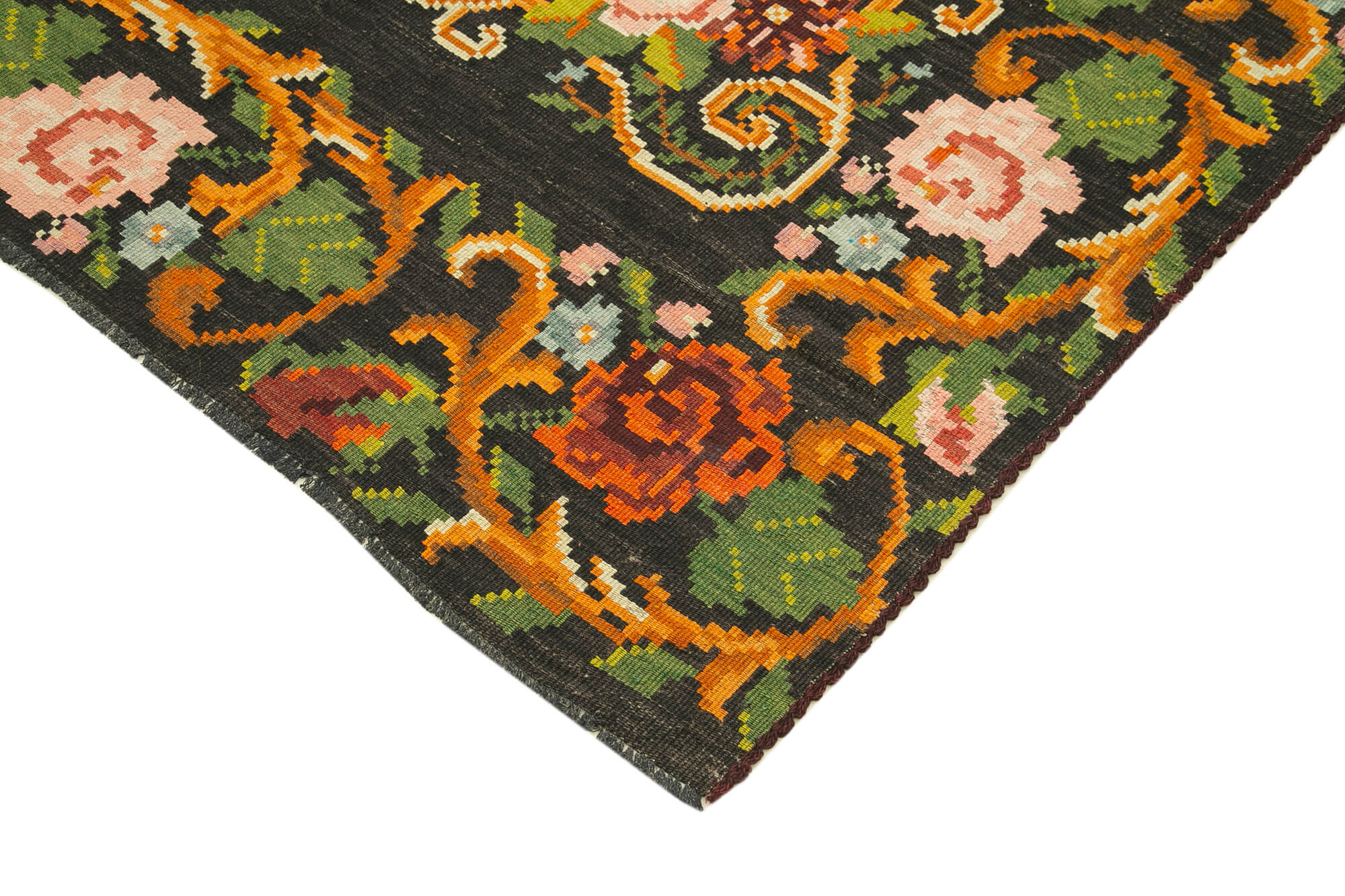 Handmade Wool Rug – Vintage Hand Knotted Black Floral Carpet 5'5''x10'7''