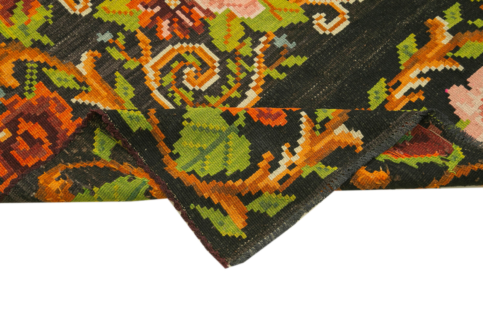 Handmade Wool Rug – Vintage Hand Knotted Black Floral Carpet 5'5''x10'7''