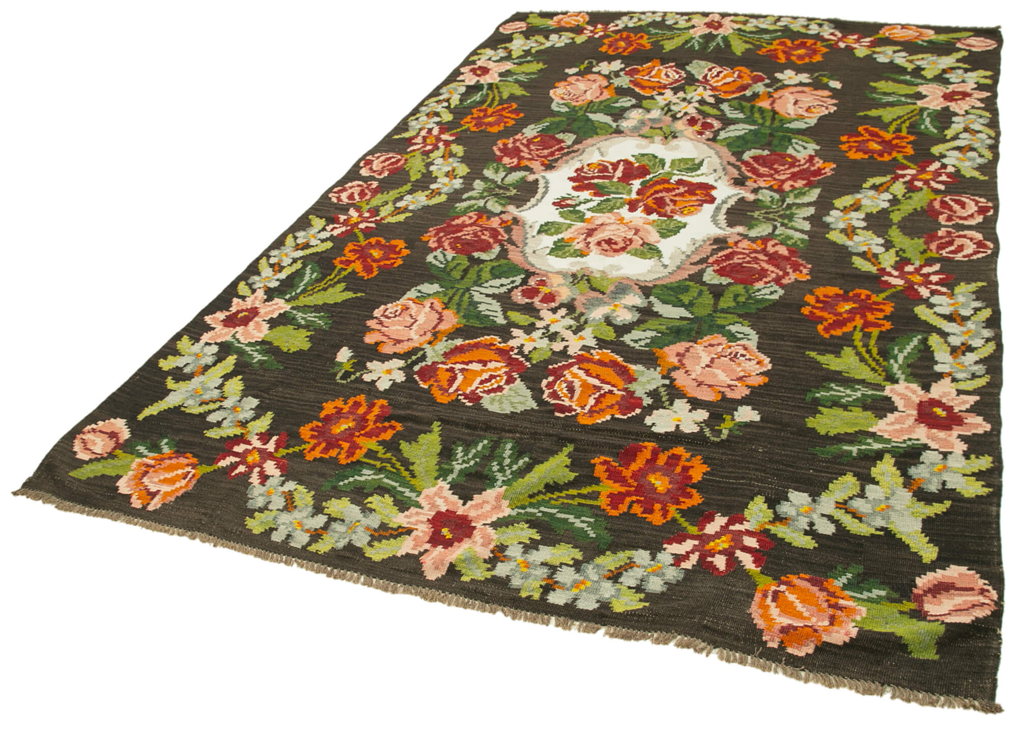 Handmade Wool Rug – Black Floral Area Rug | Cotton Wool Carpet, Goat Hair Blend 6'3"x10'10"