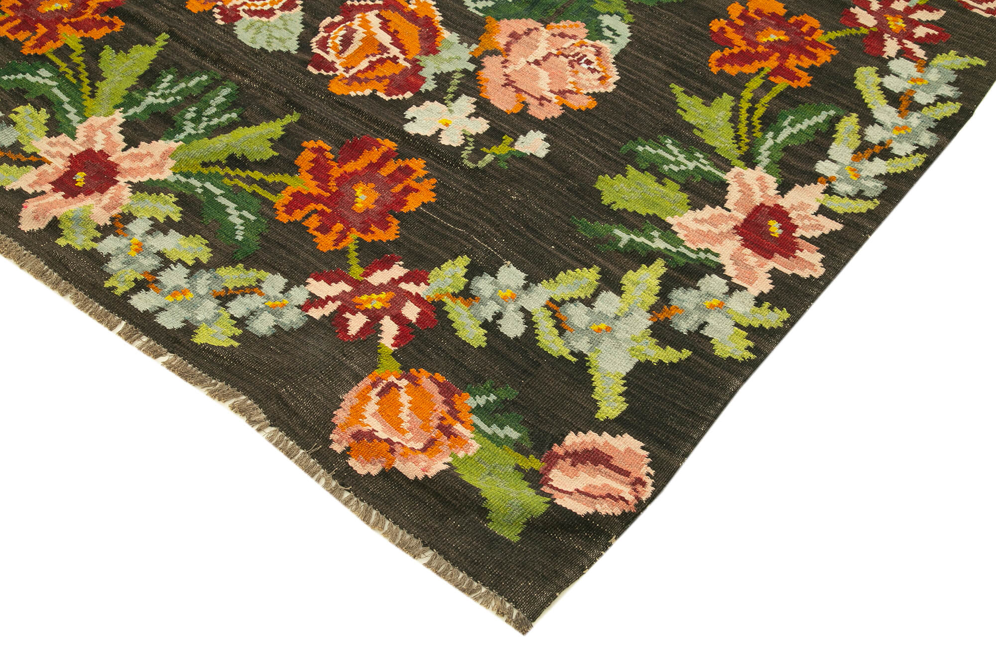 Handmade Wool Rug – Black Floral Area Rug | Cotton Wool Carpet, Goat Hair Blend 6'3"x10'10"