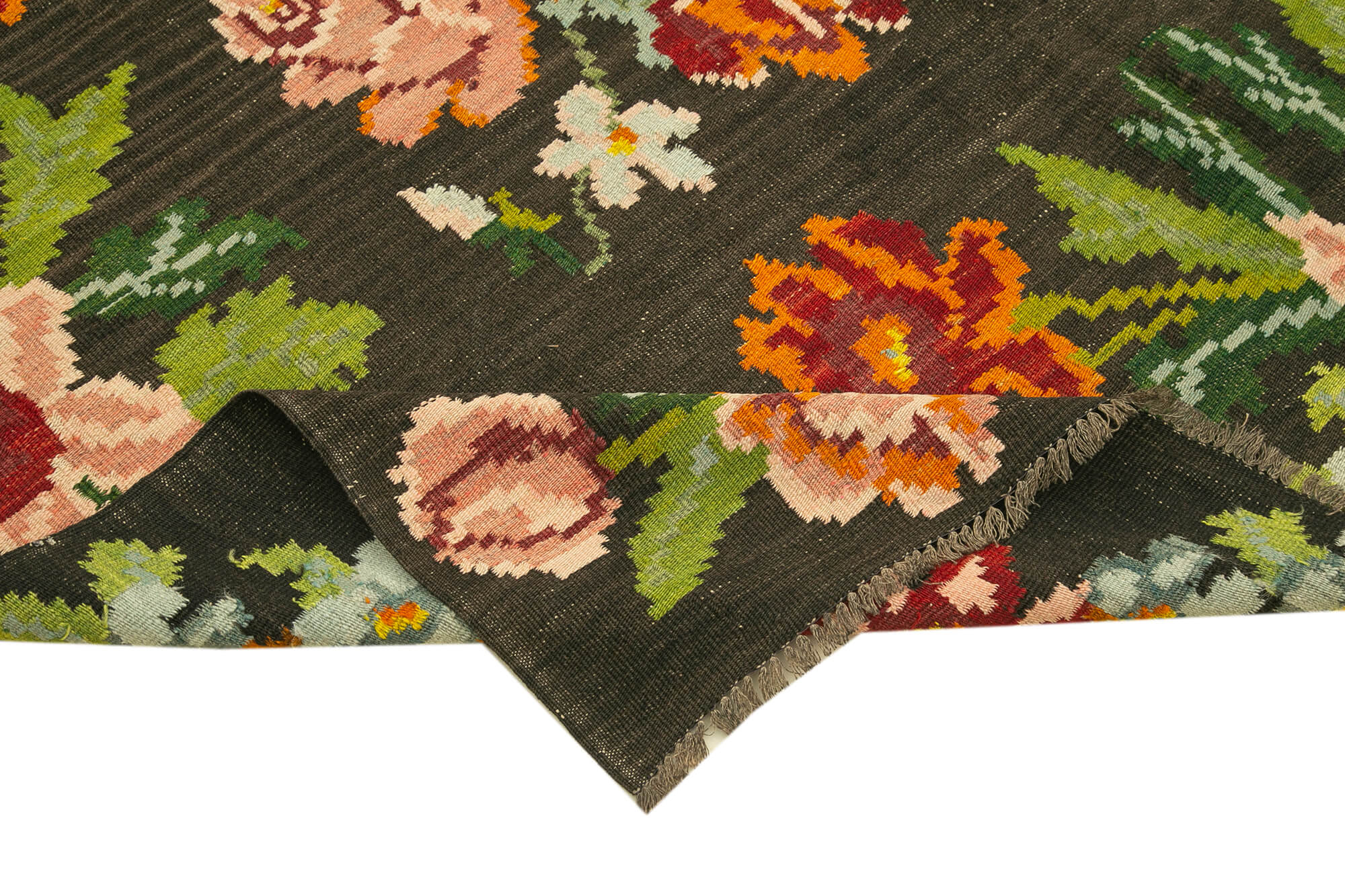 Handmade Wool Rug – Black Floral Area Rug | Cotton Wool Carpet, Goat Hair Blend 6'3"x10'10"