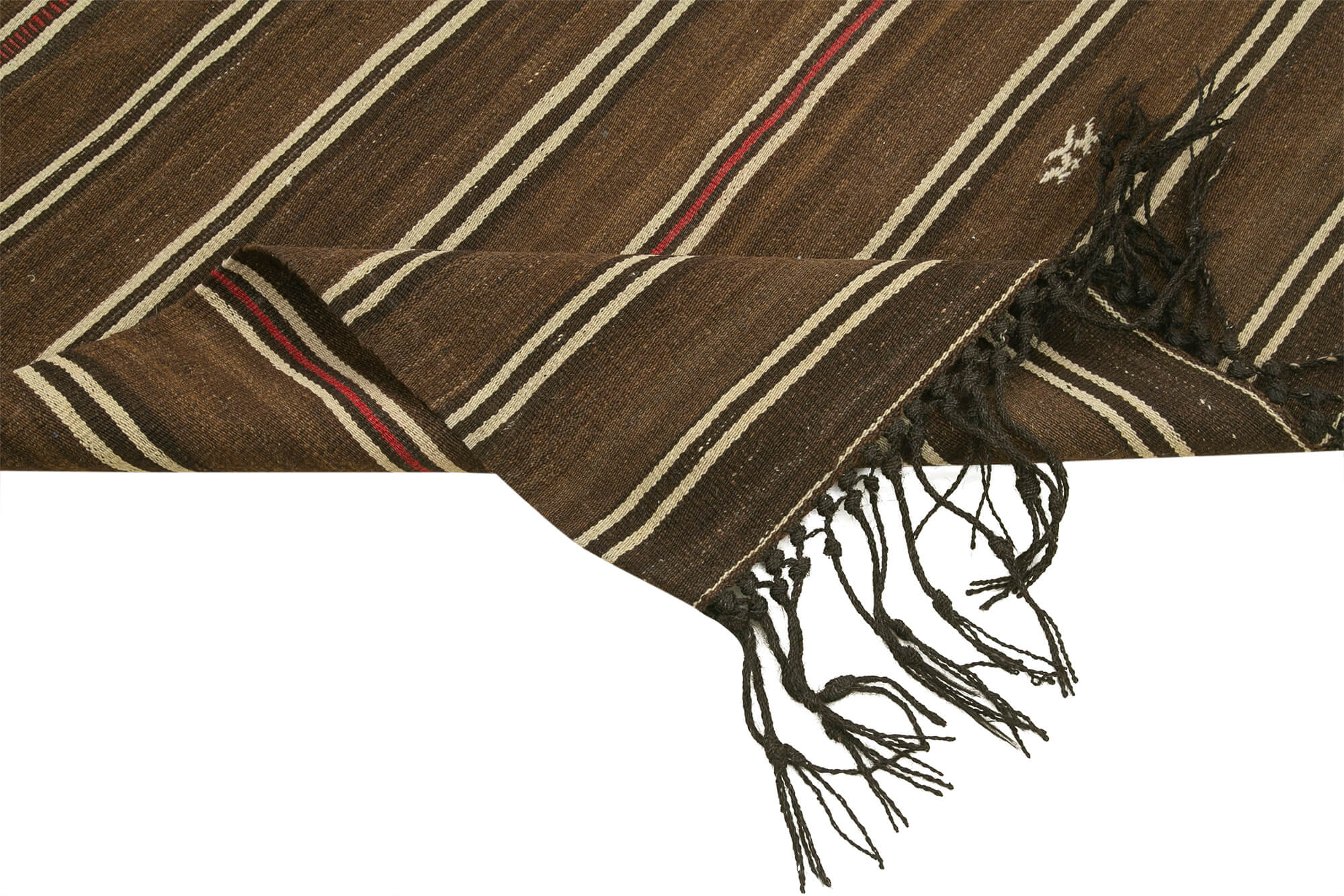 Handmade Area Rug - Anatolian Kilim Brown Striped Cotton Wool Carpet 3'6''x6'5''