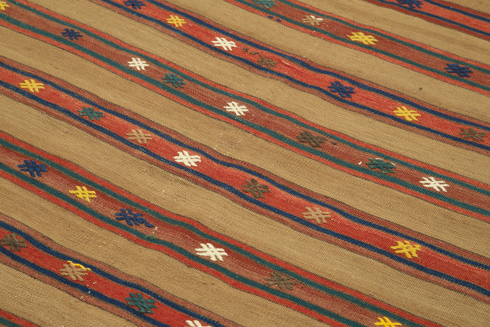 Handmade Area Rug | Anatolian Kilim Brown Striped Cotton Wool 5'2''x8'6''