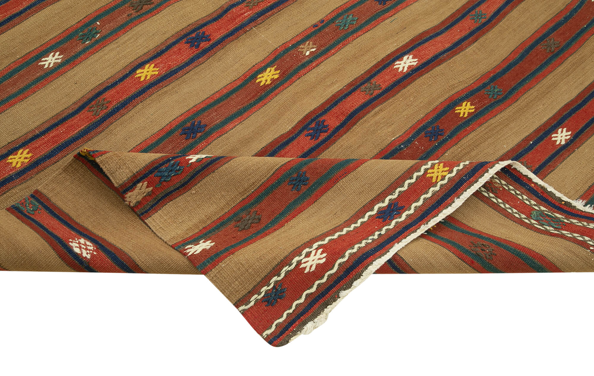 Handmade Area Rug | Anatolian Kilim Brown Striped Cotton Wool 5'2''x8'6''