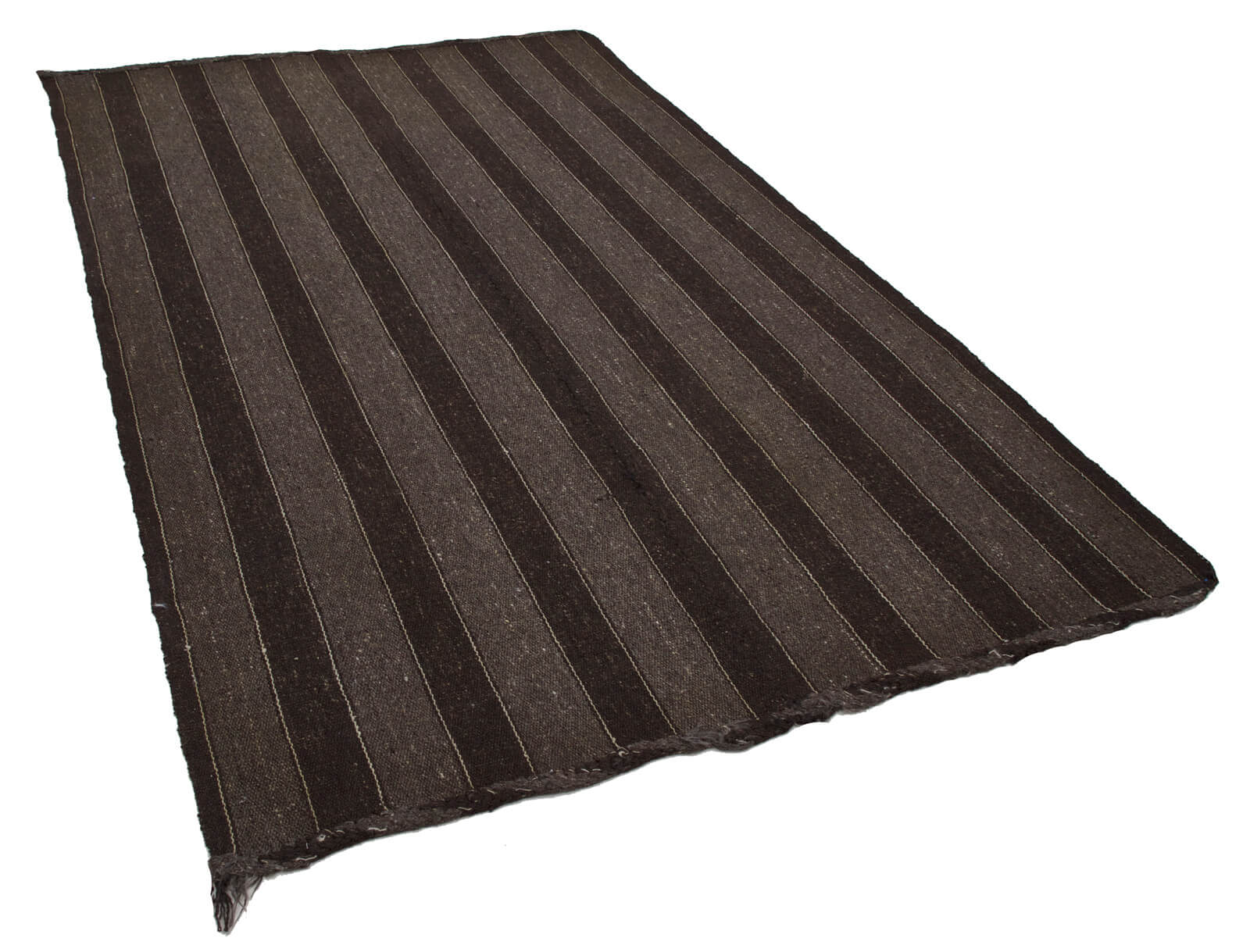 Handmade Kilim Rug – Striped Area Rug Brown Wool Turkish Goat Hair 5'10''x9'9''