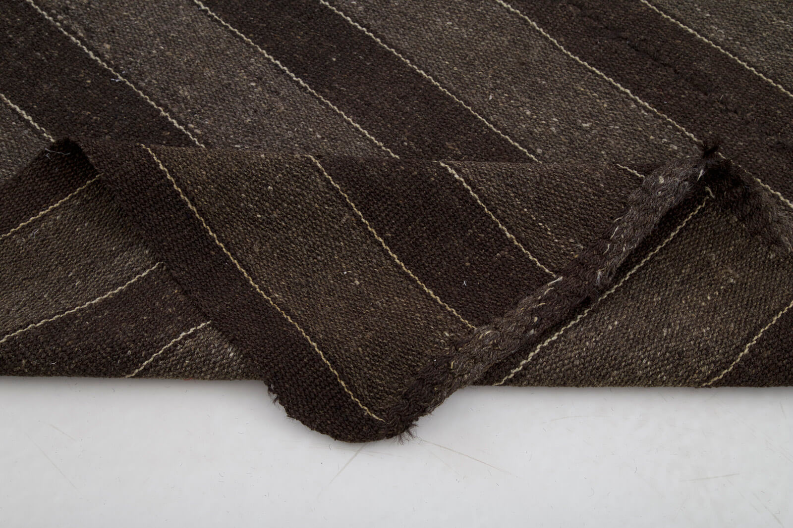 Handmade Kilim Rug – Striped Area Rug Brown Wool Turkish Goat Hair 5'10''x9'9''