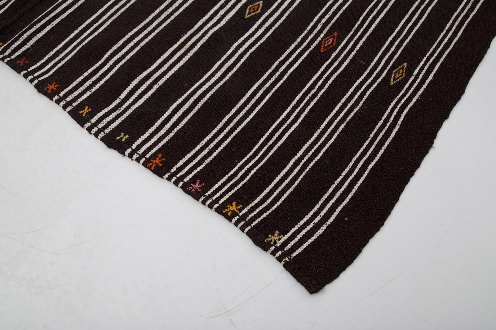 Handmade Striped Kilim Rug - Brown Goat Hair Vintage Area Rug 6'11''x7'5''