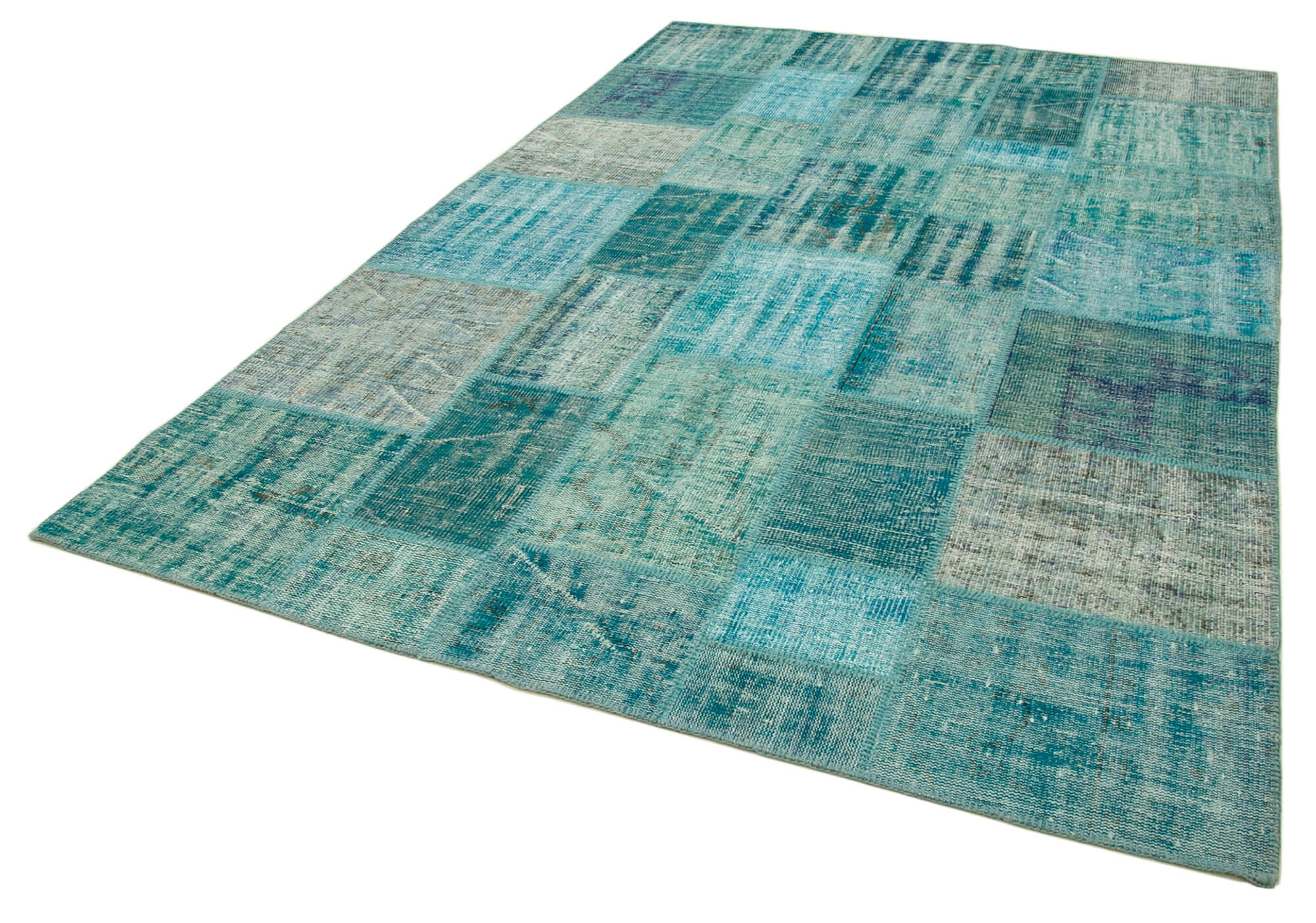 Handmade Area Rug - Turquoise Patchwork Cotton Wool Vintage Carpet 6'8" x 9'11"