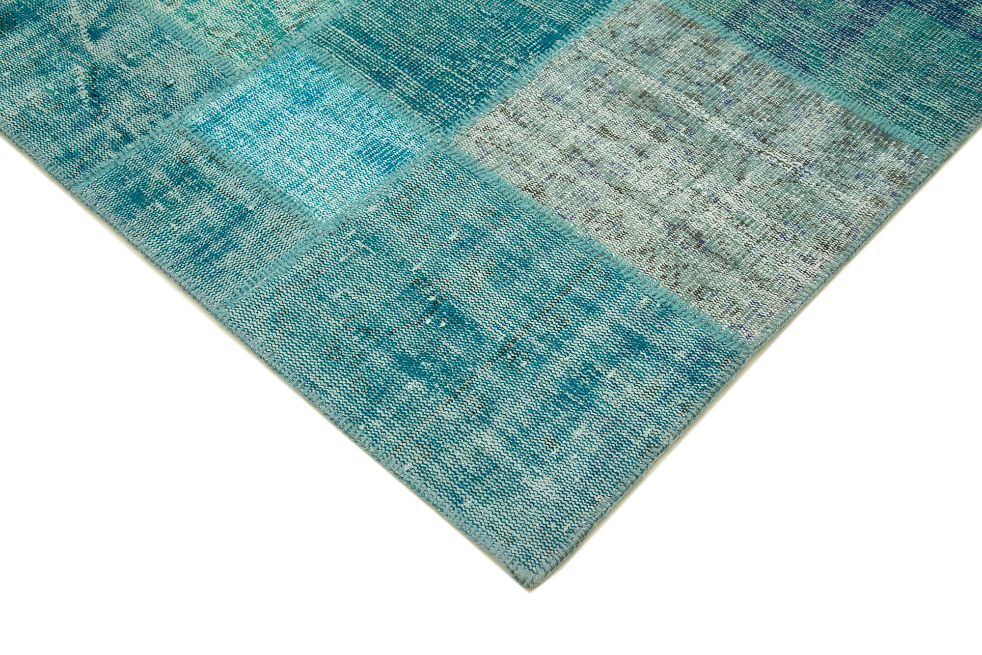 Handmade Area Rug - Turquoise Patchwork Cotton Wool Vintage Carpet 6'8" x 9'11"