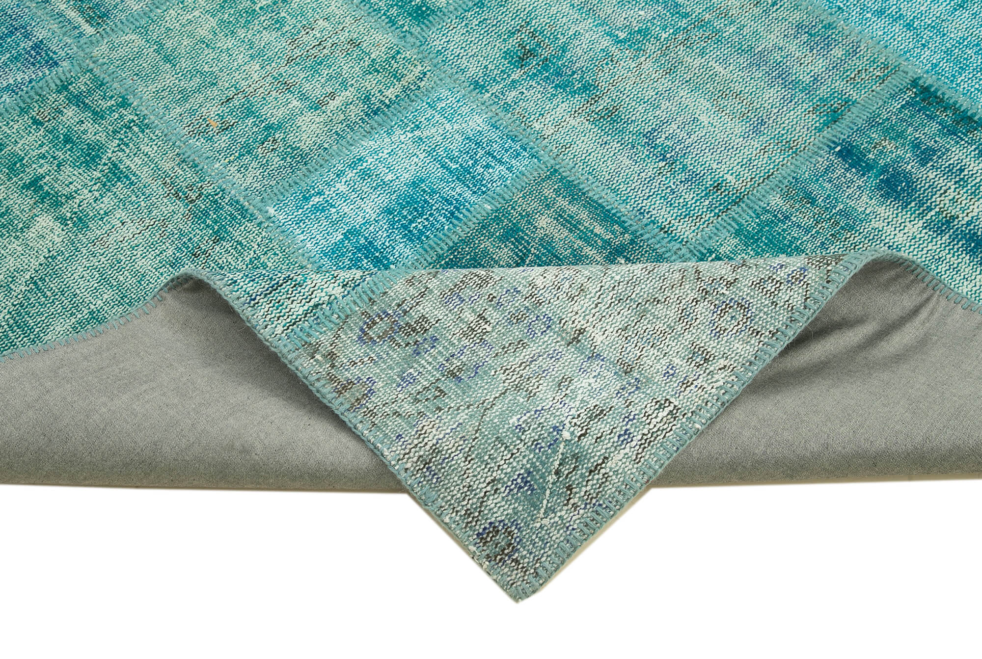 Handmade Area Rug - Turquoise Patchwork Cotton Wool Vintage Carpet 6'8" x 9'11"