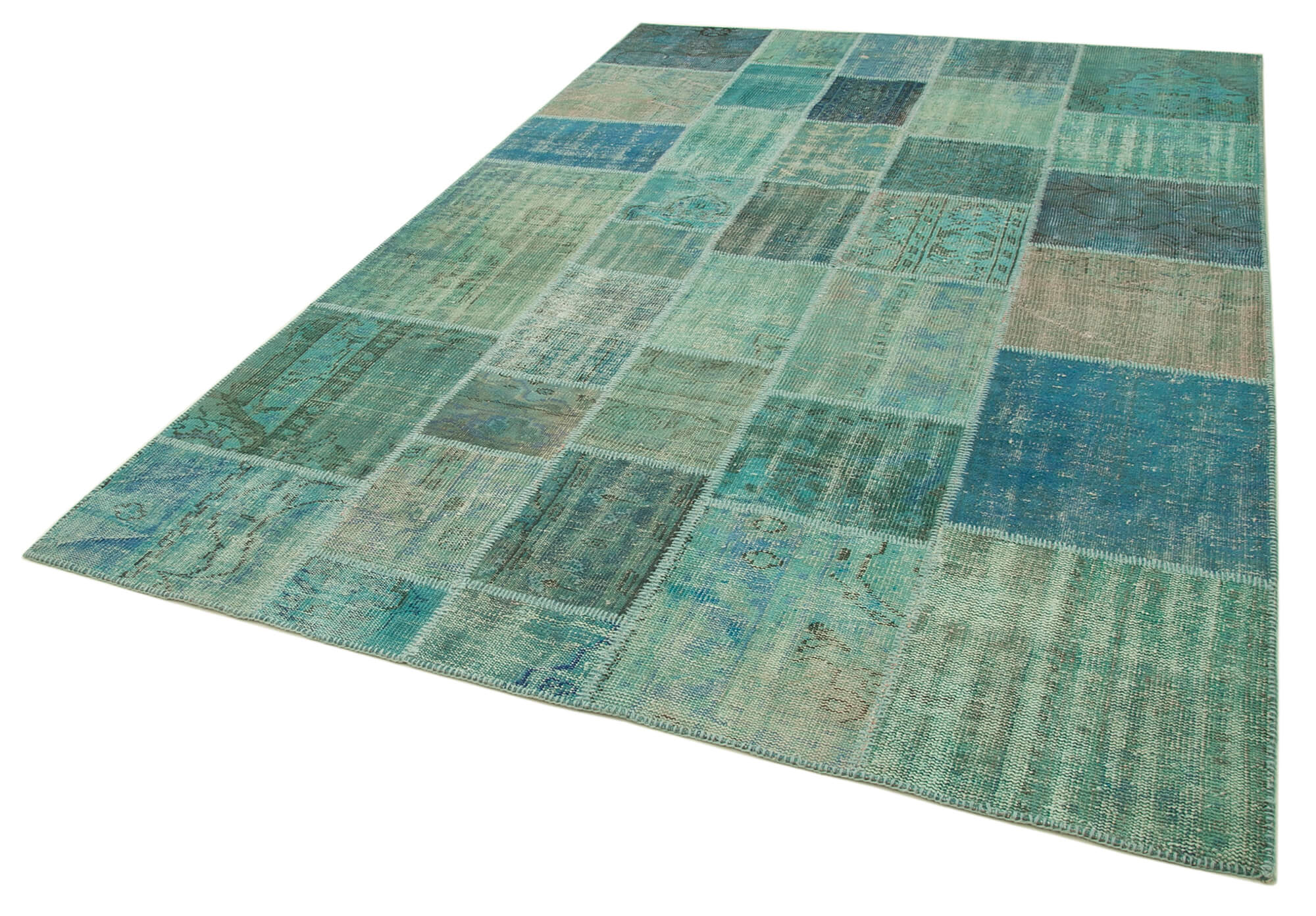 Handmade Area Rug - Turquoise Patchwork Cotton Wool Rug 6'9'' x 9'10'' for Living Room