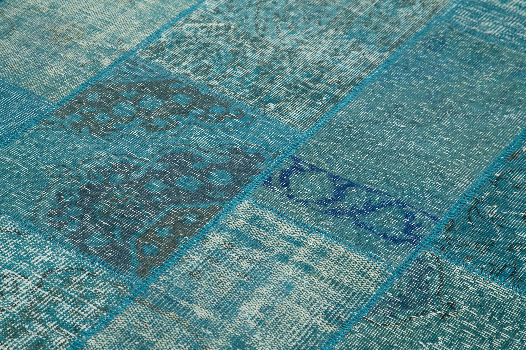 Handmade Area Rug - Blue Patchwork Cotton Wool Vintage Turkish Carpet 6'7"x9'9"