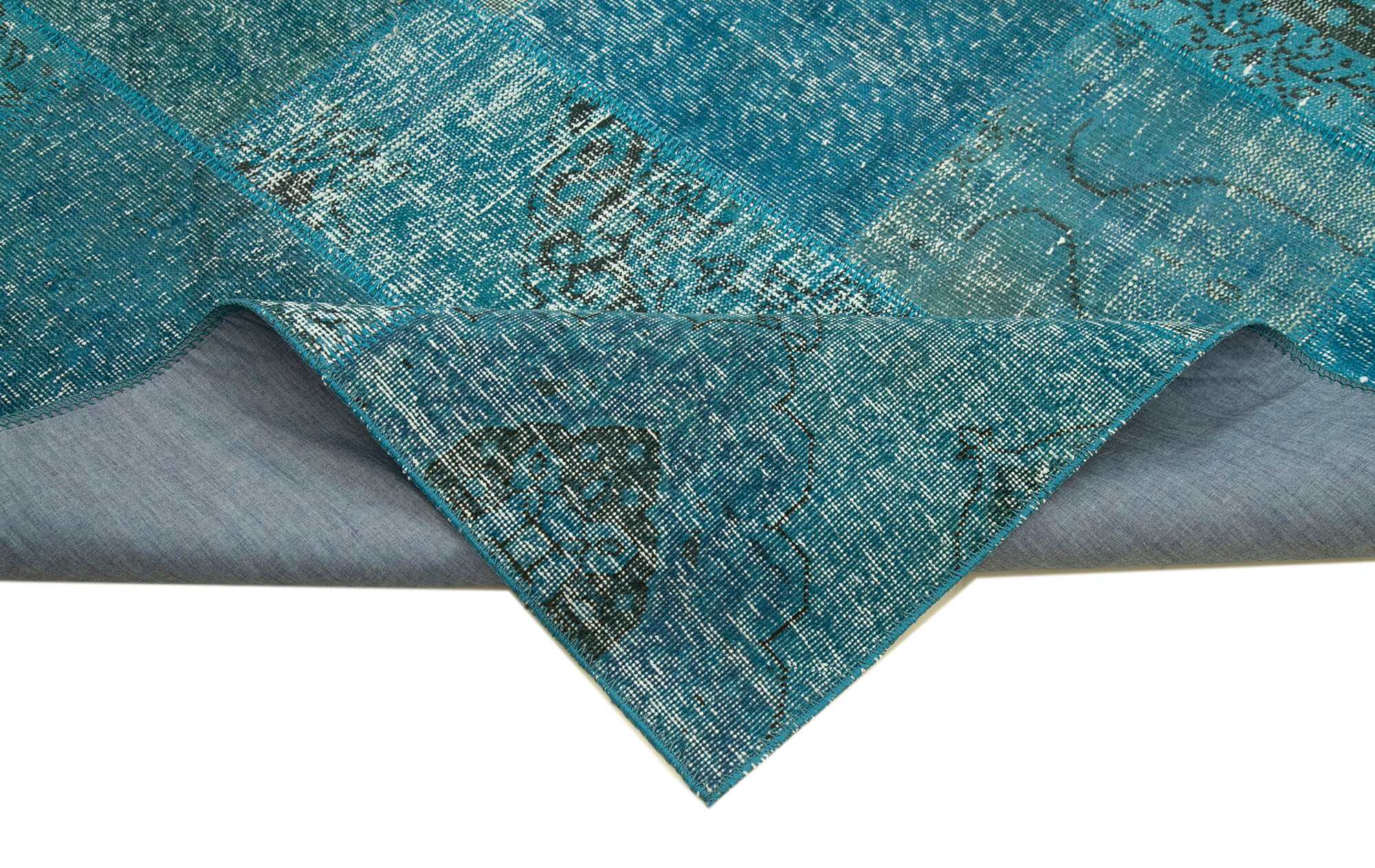 Handmade Area Rug - Blue Patchwork Cotton Wool Vintage Turkish Carpet 6'7"x9'9"
