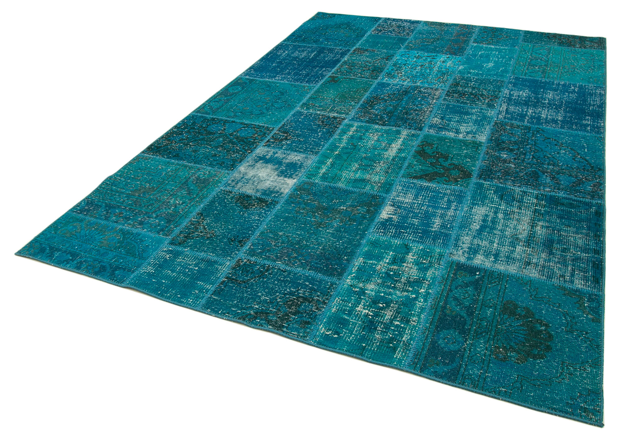 Handmade Area Rug - Blue Patchwork Cotton Wool Vintage Turkish Carpet 6'7"x9'9"