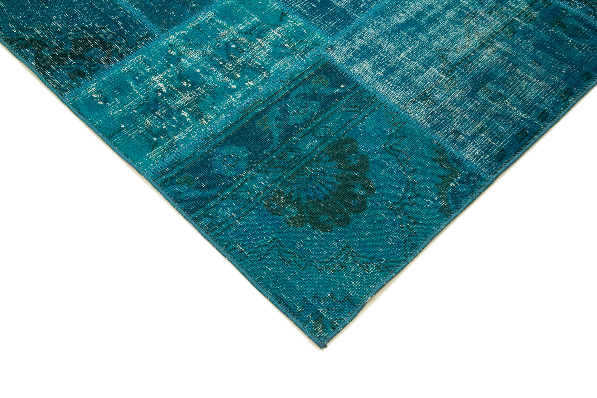 Handmade Area Rug - Blue Patchwork Cotton Wool Vintage Turkish Carpet 6'7"x9'9"