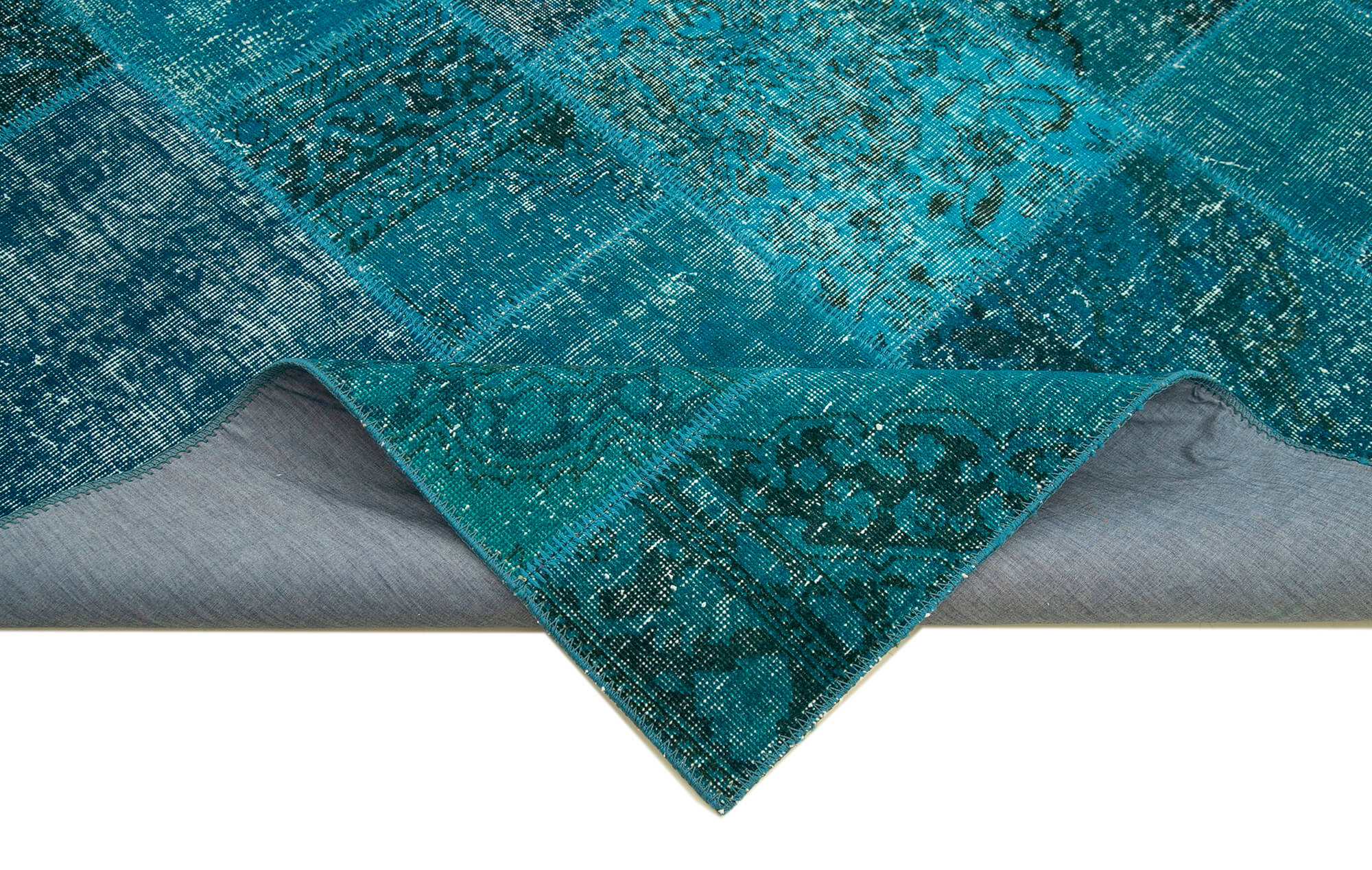 Handmade Area Rug - Blue Patchwork Cotton Wool Vintage Turkish Carpet 6'7"x9'9"