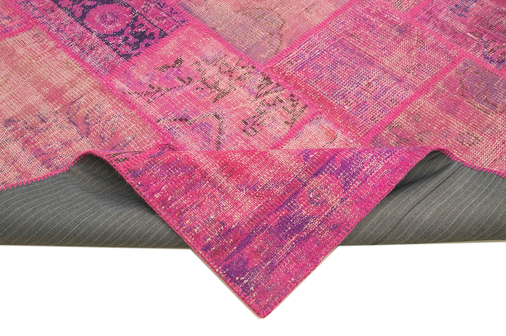 Handmade Area Rug - Pink Patchwork Wool Cotton Vintage 6x9 Carpet
