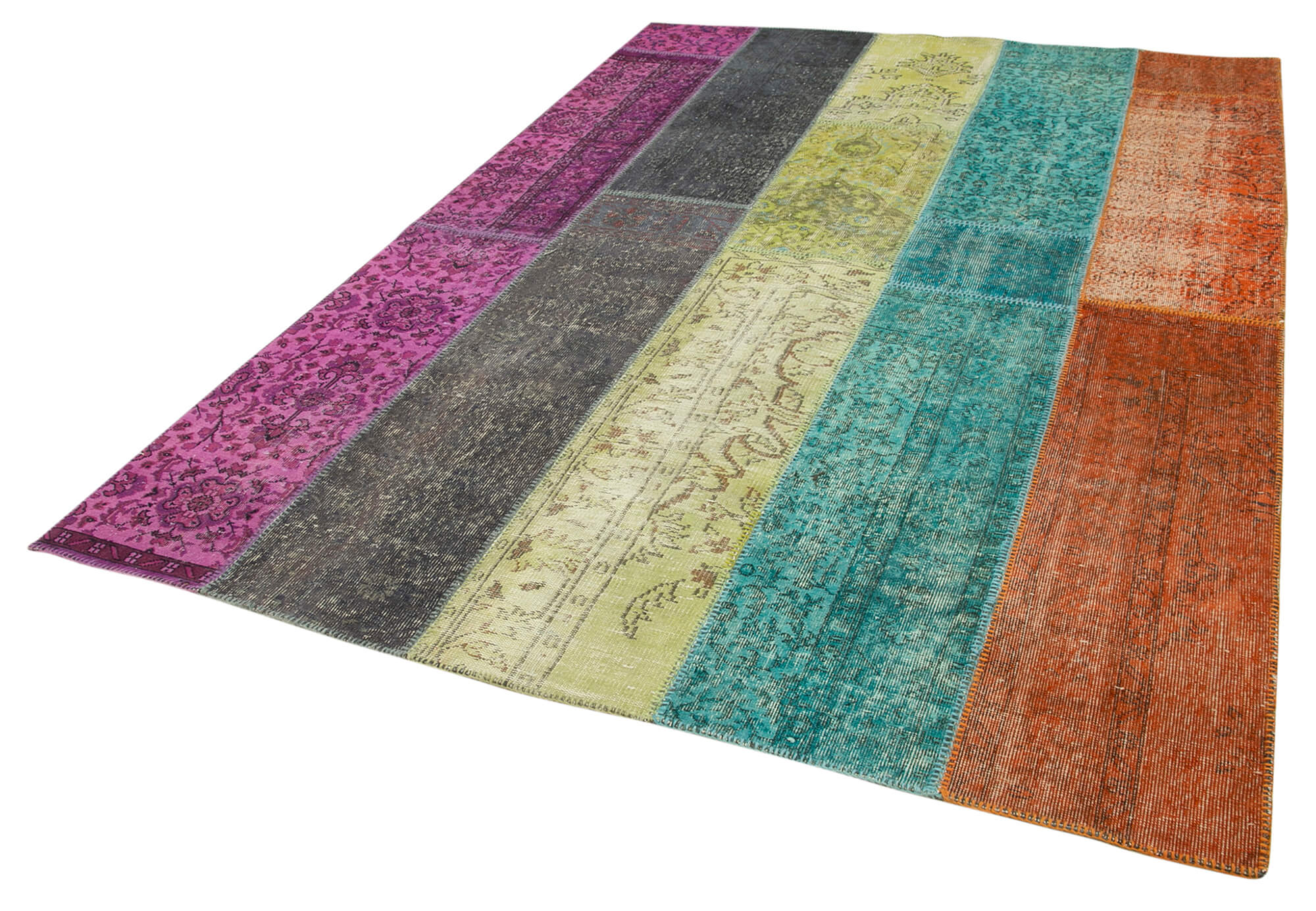 Handmade Area Rug - Pink Patchwork Cotton Wool Vintage Handwoven Carpet 6'9" x 9'6"