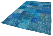 Handmade Patchwork Rug 6x9 Feet – Vintage Turkish Carpet Blue Area Rug, Natural Wool Carpet