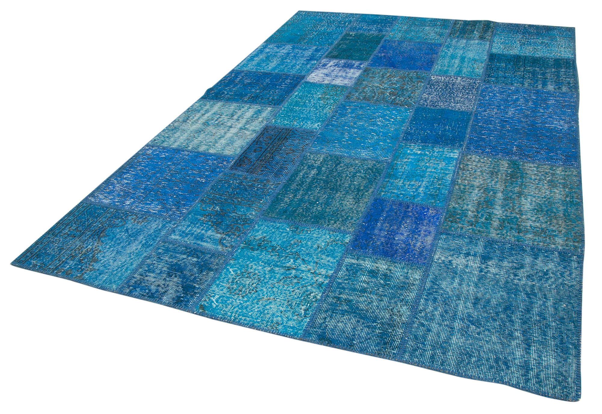 Handmade Patchwork Rug 6x9 Feet – Vintage Turkish Carpet Blue Area Rug, Natural Wool Carpet
