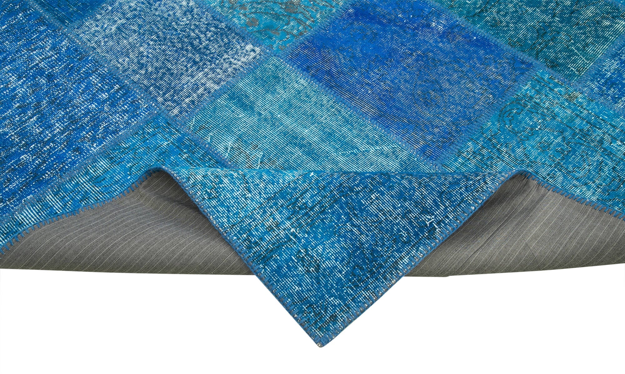 Handmade Patchwork Rug 6x9 Feet – Vintage Turkish Carpet Blue Area Rug, Natural Wool Carpet