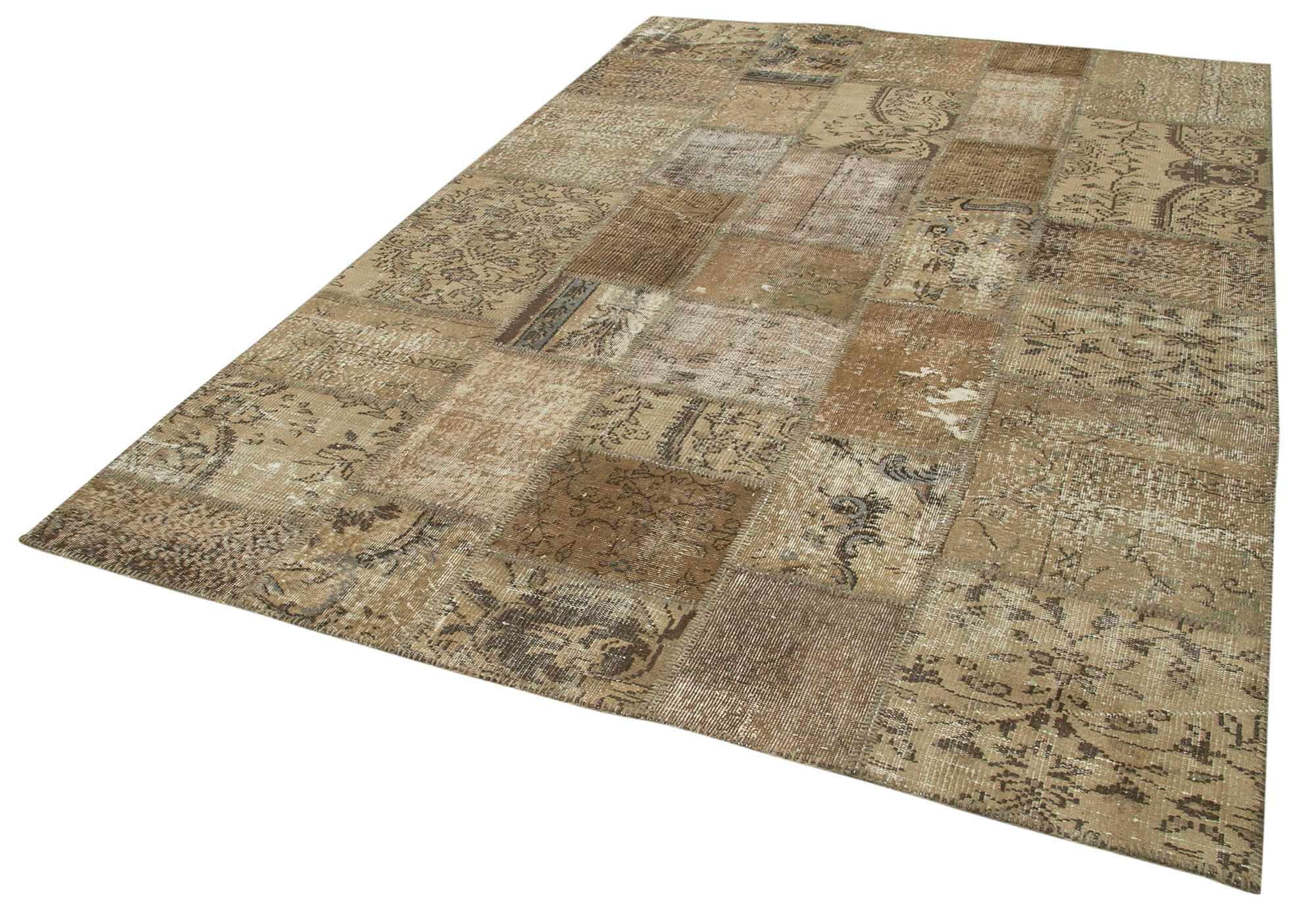 Handmade Patchwork Rug - Brown Patchwork Carpet 6'7''x9'11'' Cotton Wool Rug