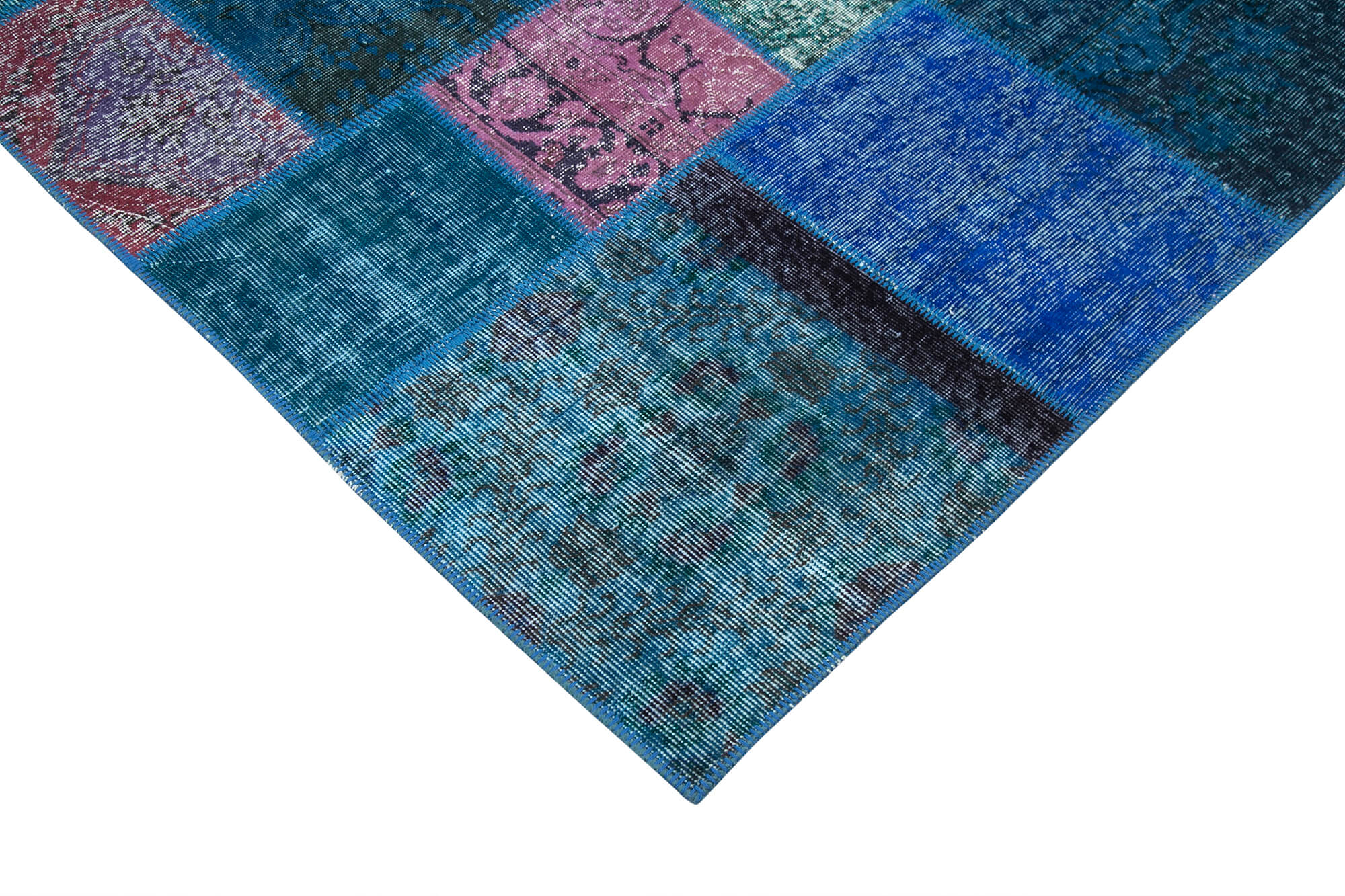 Handmade Patchwork Rug - Blue Cotton Wool Rug, Vintage Turkish Carpet, Soft Wool Carpet